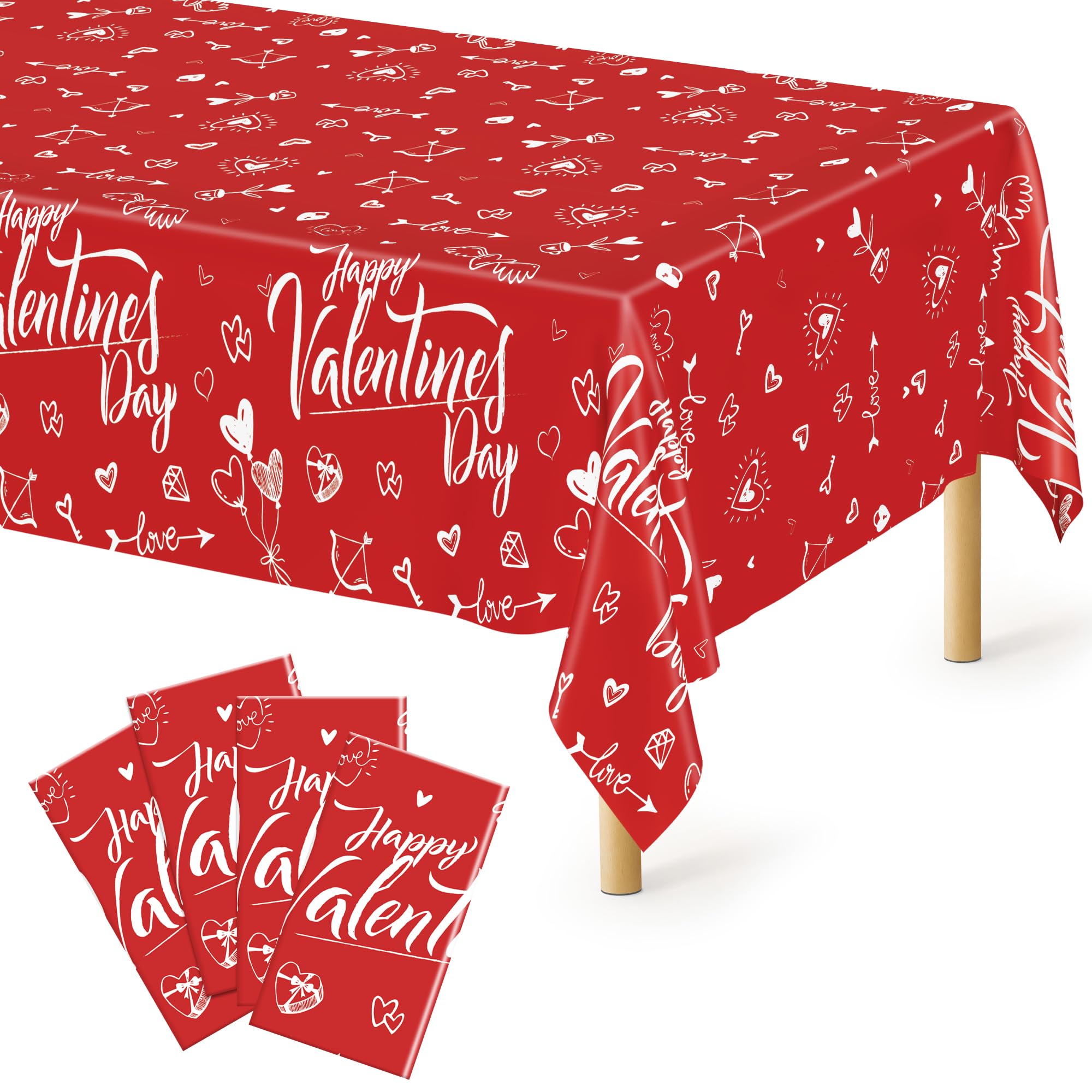 QZYL 4 PCS Valentines Plastic Tablecloths, 54 X 108 Love Heart-Shaped Tablecloths, Disposable Red Valentines Decorations, Rectan