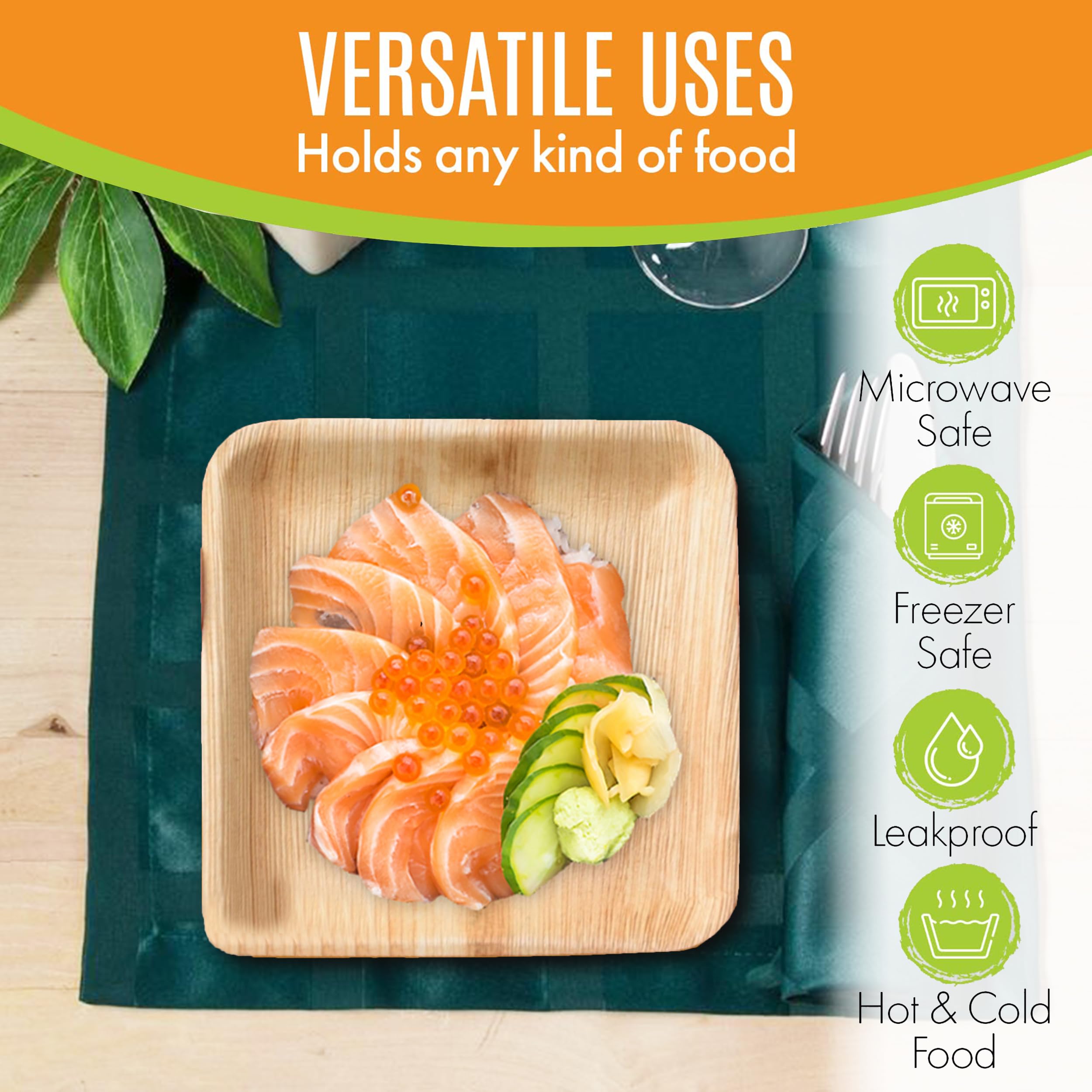 Raj Palm Leaf Plates [50-Pack] 7'' Square Plates Like Bamboo Plates Disposable, Strong, Decorative Compostable Tableware For Wed