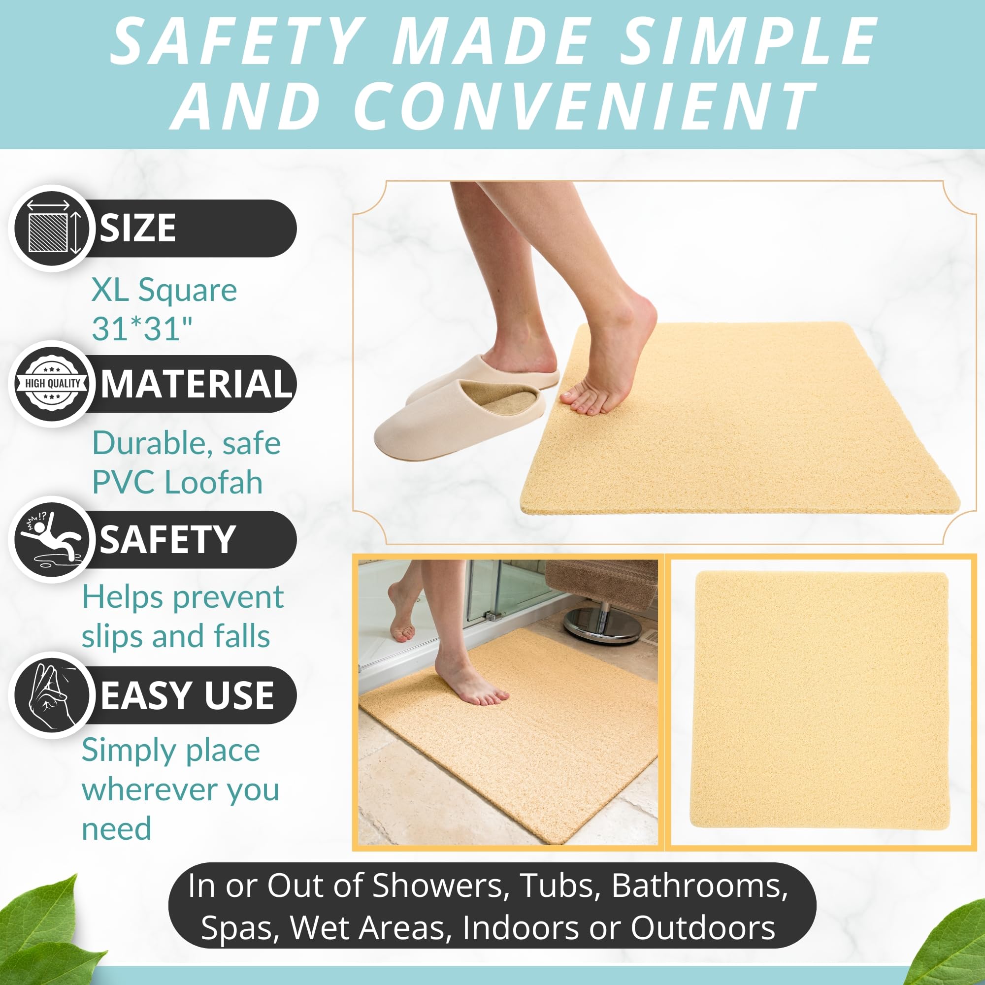 Extra Large 31X31 Square Shower Mat Non Slip - Bath Mats For Bathroom Non Slip For Shower - Mat For Shower Large - Secure Mat Fo