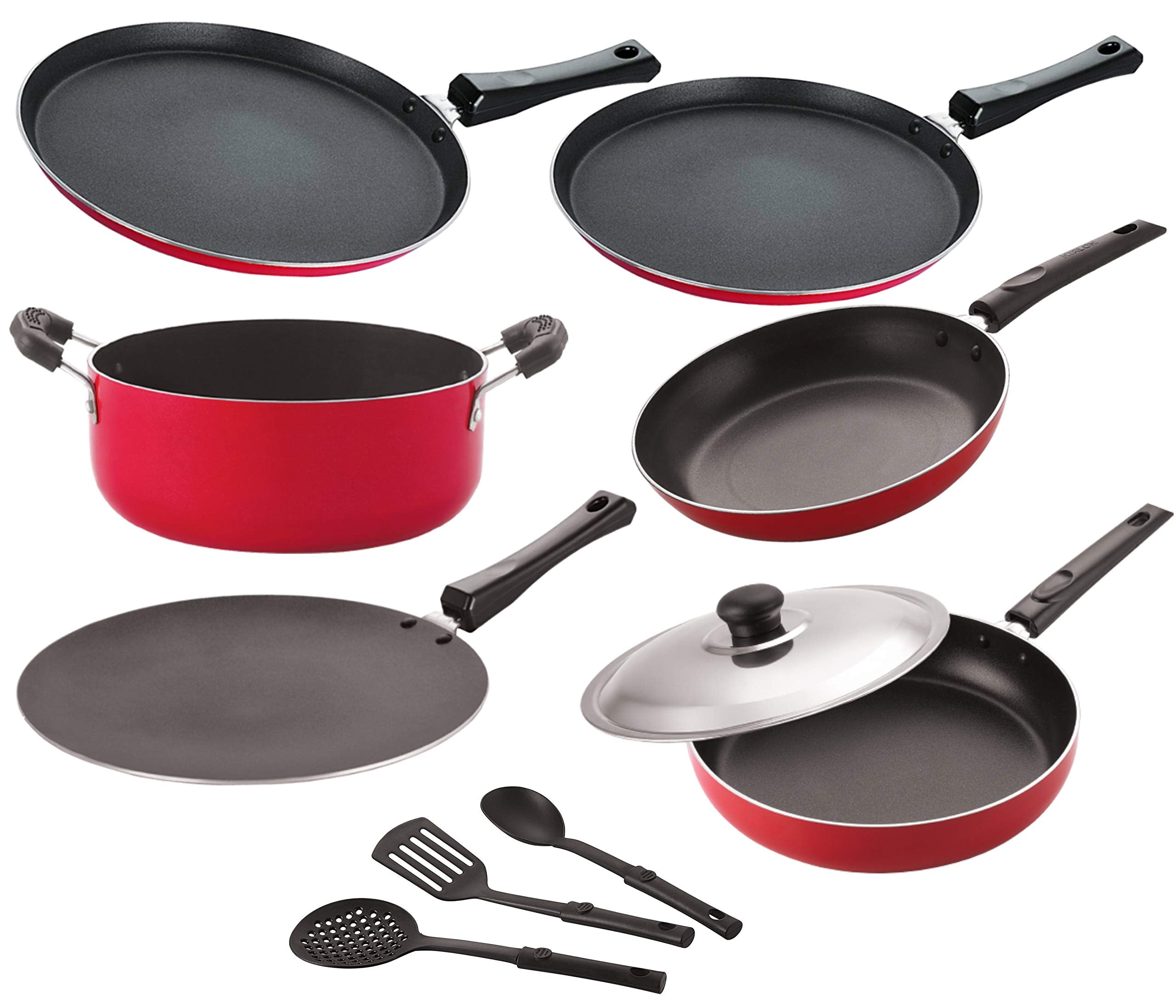 Nirlon Non Stick Pots And Pans Non Stick Cookware Set Of 9 Pieces With Bakelite Handle|26_Ft13_Ct_Tp_Ft11_Cass20_Fp12_3Spn