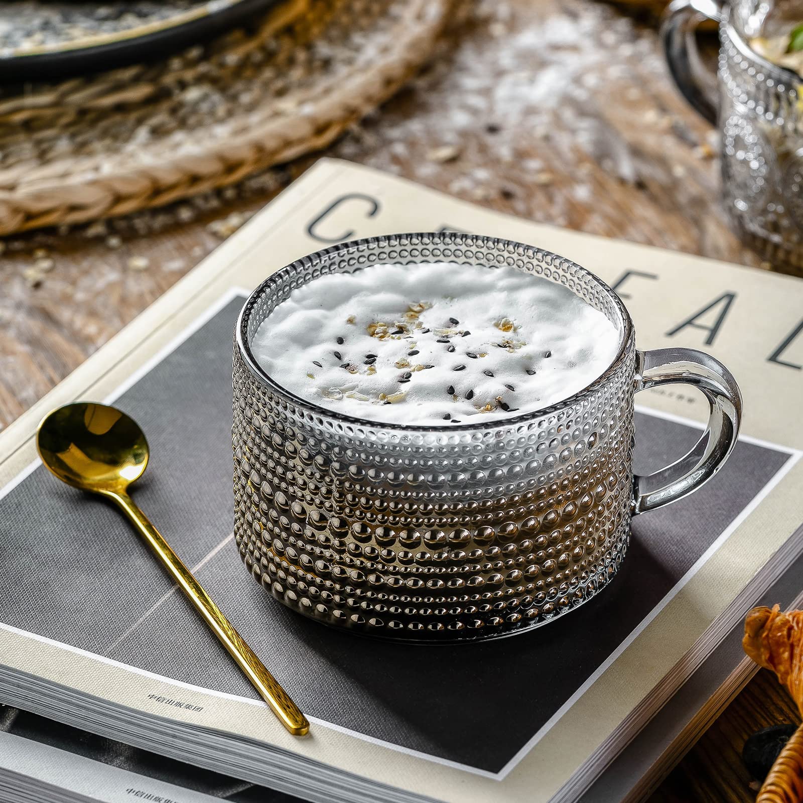 Gezzeny Vintage Glass Coffee Mugs 14 Oz Set Of 2 Gray Embossed Tea Cups For Cappuccino, Latte,Cereal, Yogurt, Beverage Hot/Cold