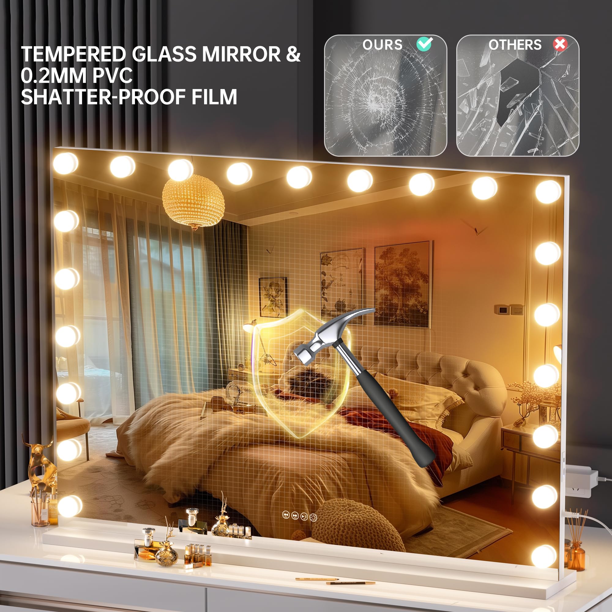 Ouboyo Vanity Mirror With Lights And Bluetooth Speaker, 41'' X 30'' Hollywood Makeup Mirror With 21 Dimmable Bulbs And 5X Magnif