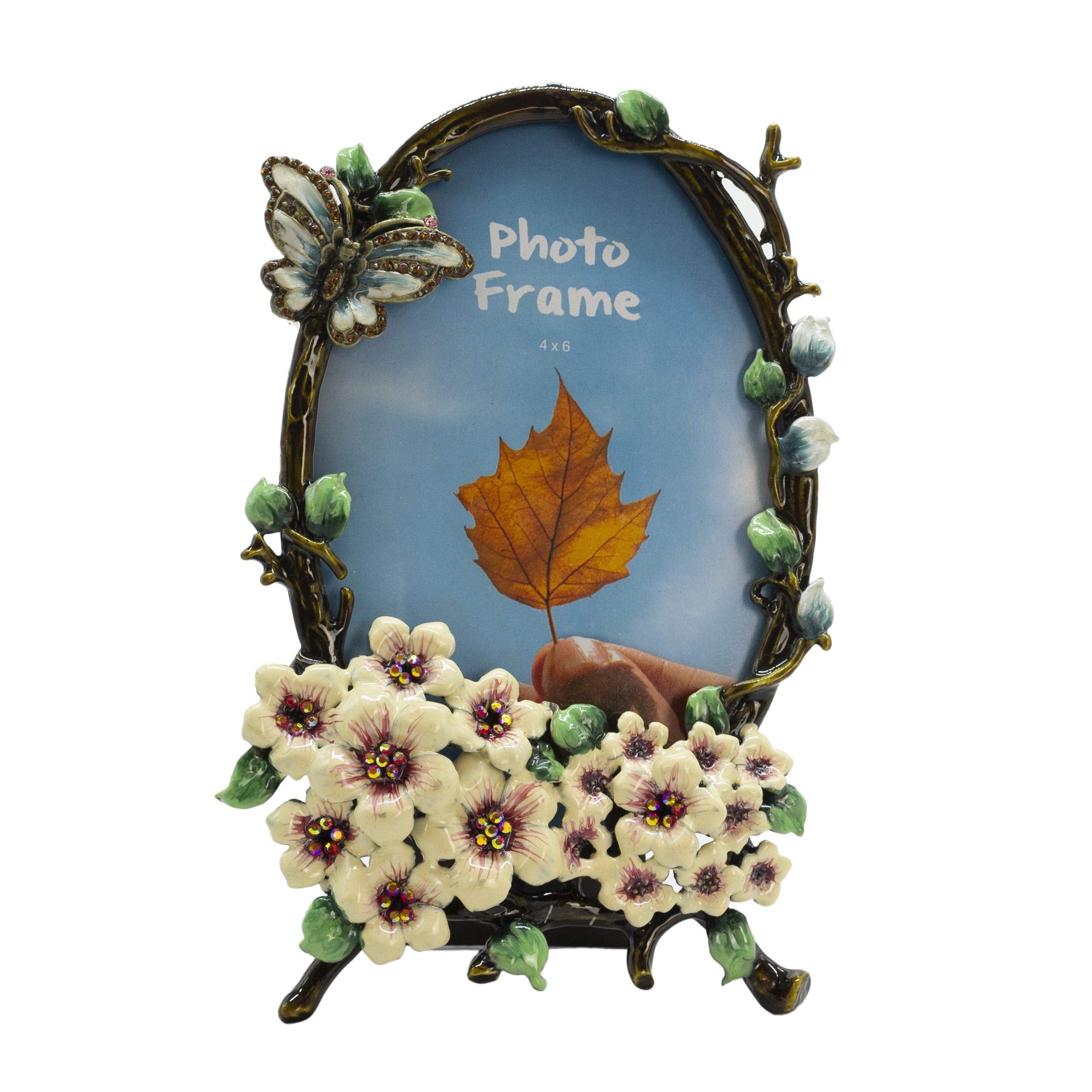 Tricune Floral Picture Frame 4x6 Oval, Vintage Photo Frame Made of Metal and High Definition Glass for Table Top Display, Home D