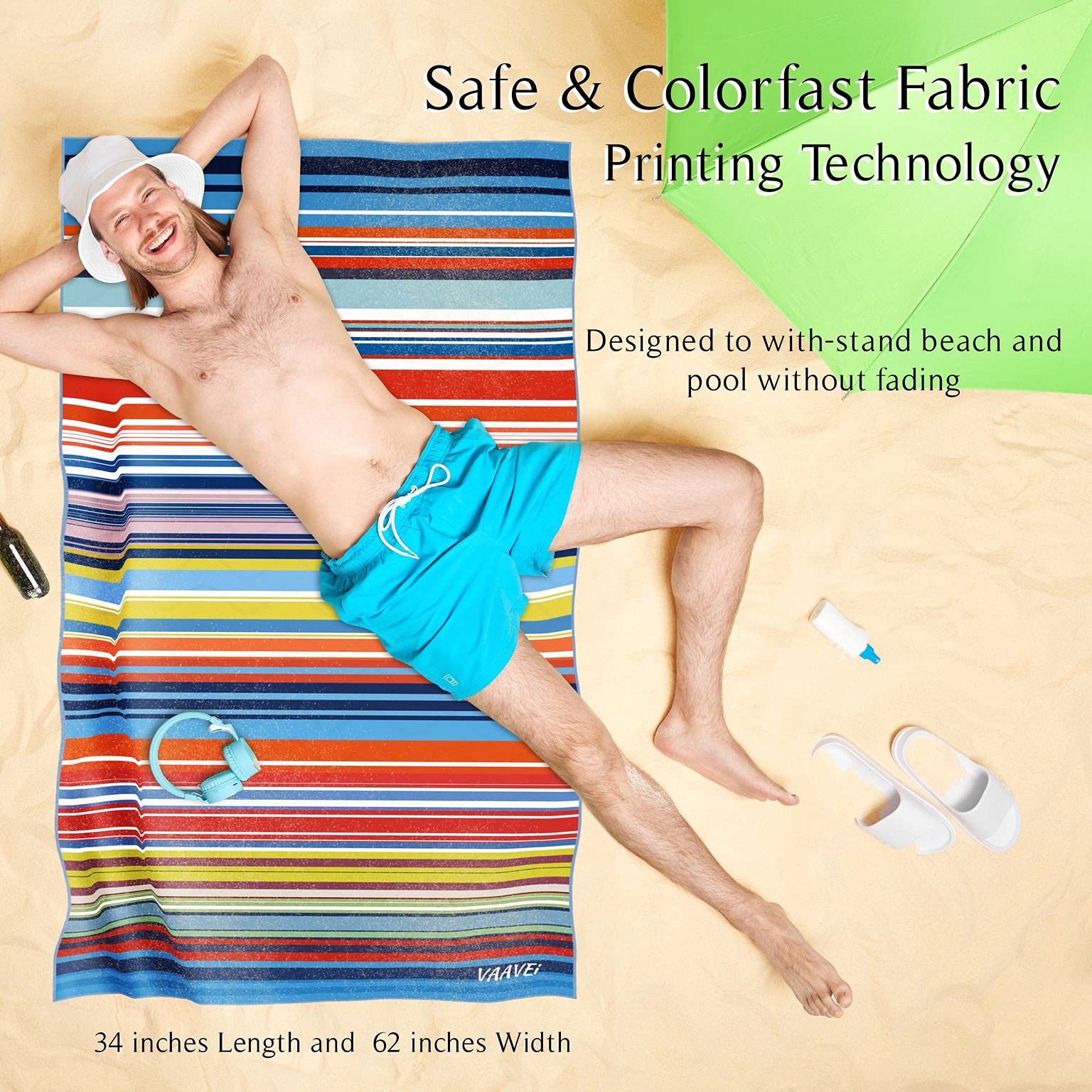 Vaavei Beach Towel - Quick-Drying And Absorbent - Lightweight And Compact Microfiber Towel (Stripe)