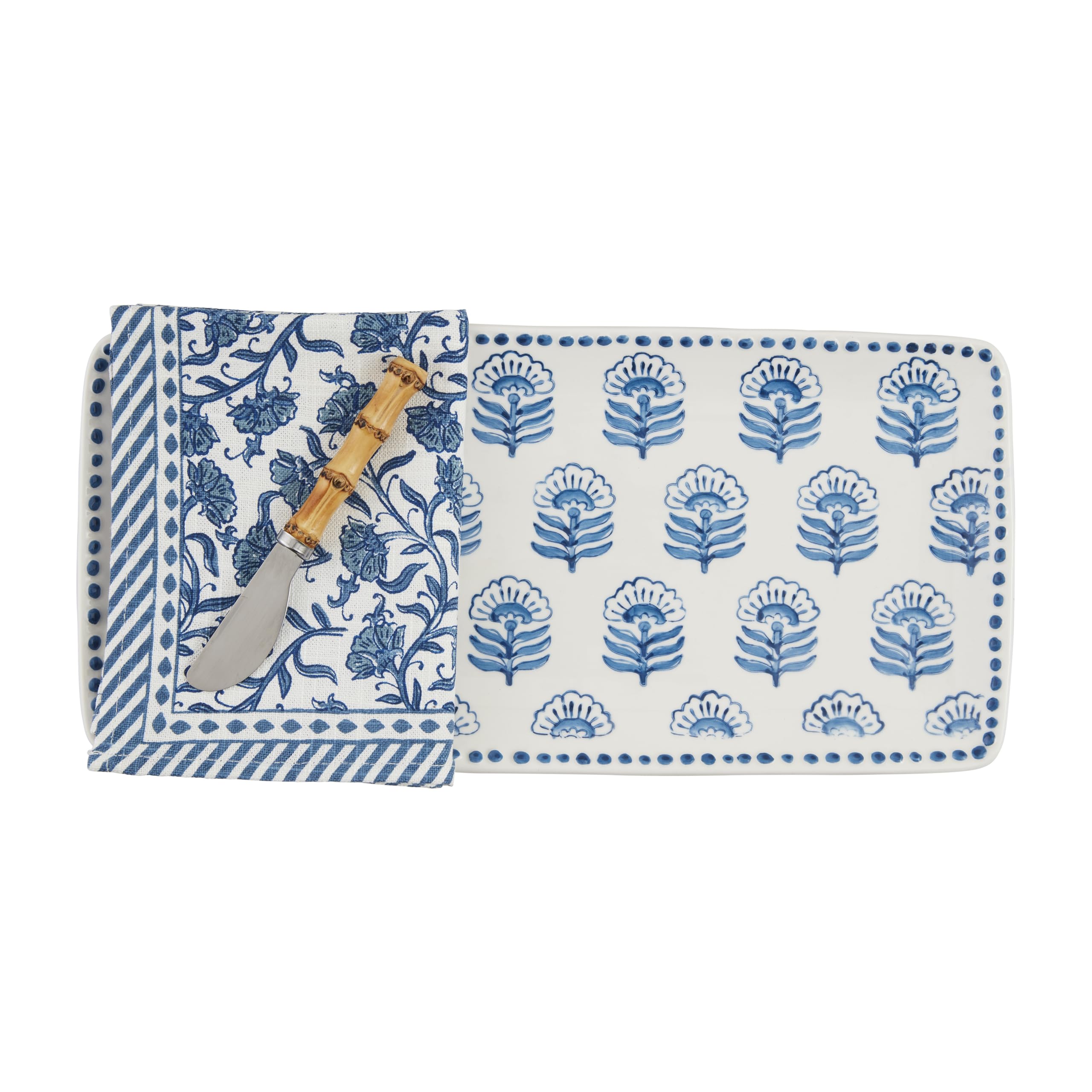 Mud Pie Block Print Tray And Towel; tray 6 1/2 x 14 | spreader 5 1/2 | towel 21 x 14