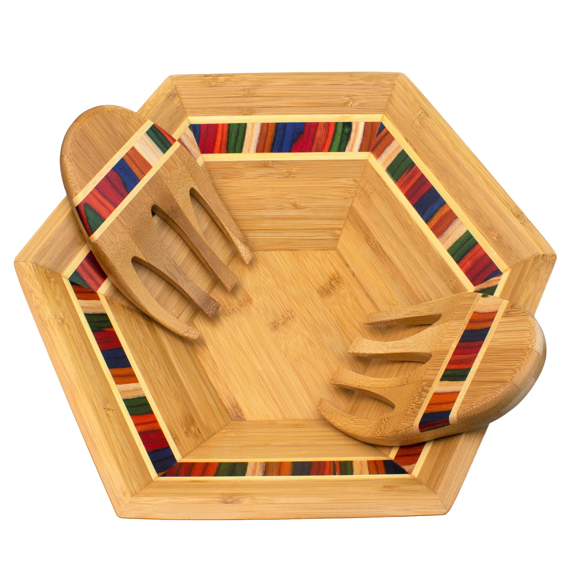 Baltique Marrakesh Collection 14'' Salad Serving Bowl With Salad Hands, Bamboo And Colored Birch Wood