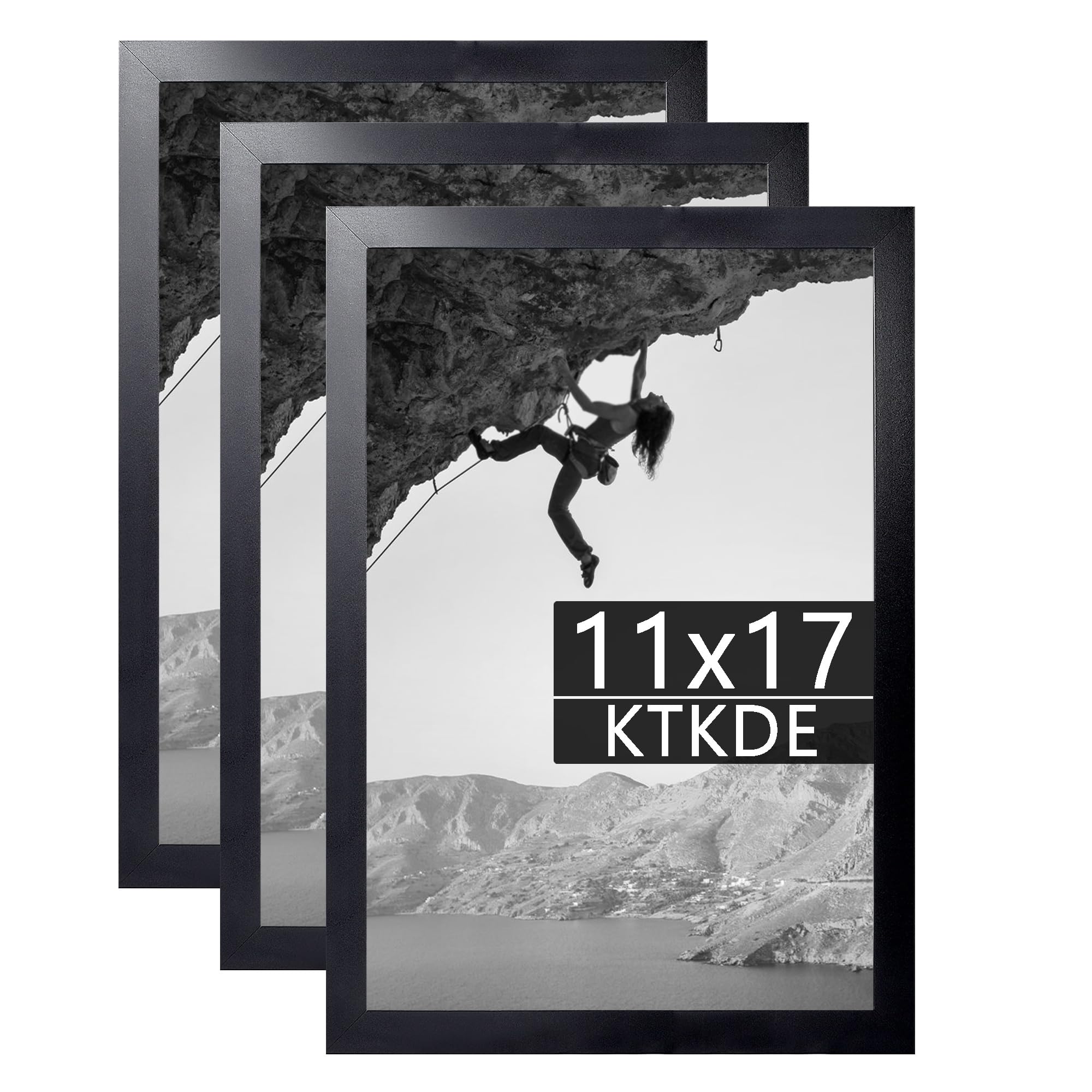 KTKDE 11x17 Picture Frame Black Woodgrain 3 Pack, Shatter Resistant Glass, Rectangle Photo Frame for Photos,Studio Gallery Wall 