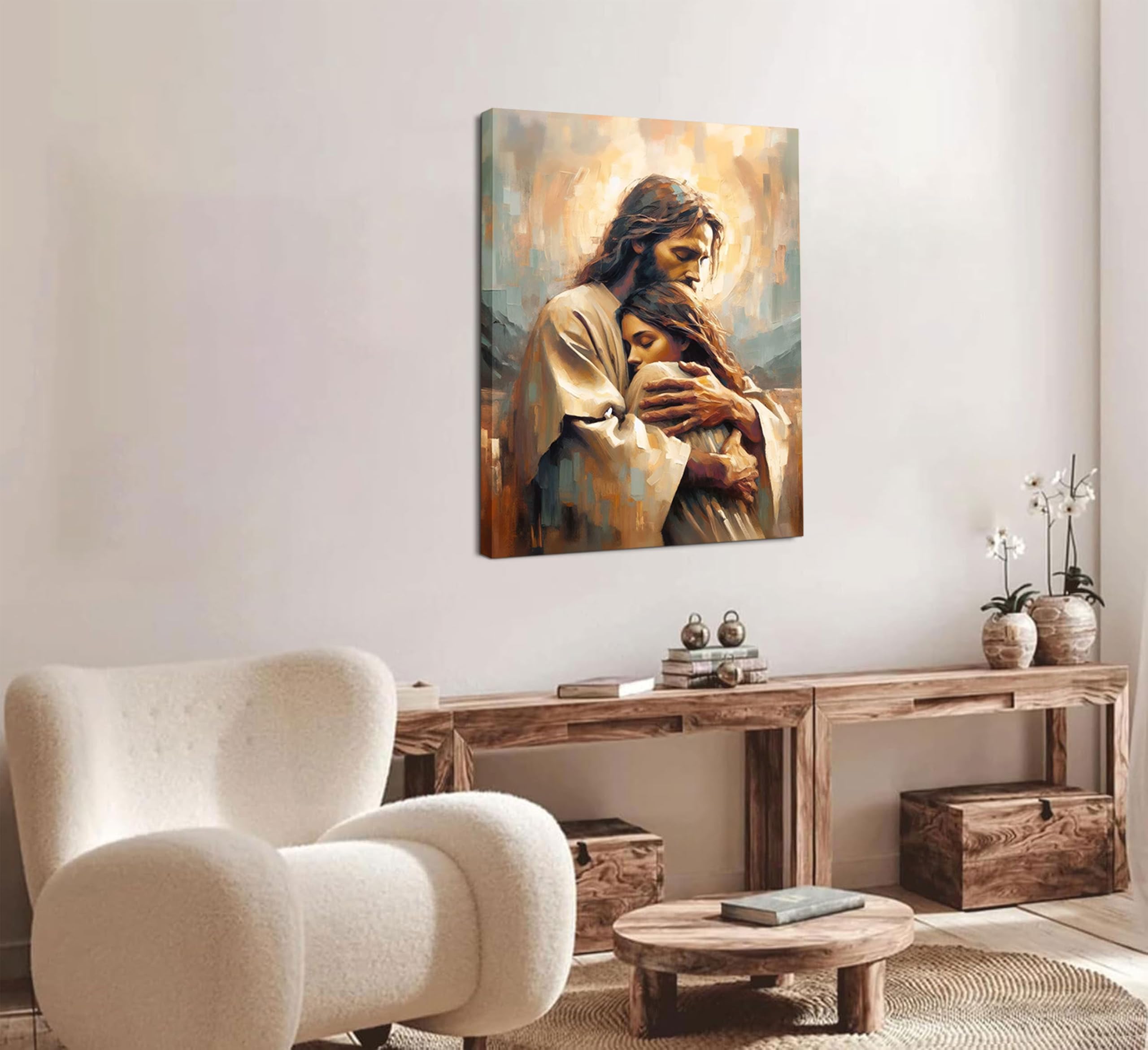 Jesus Embracing Woman Wall Art Safe Haven Poster Jesus Canvas Prints Christian Spiritual Painting Bible Art Pictures Jesus and G