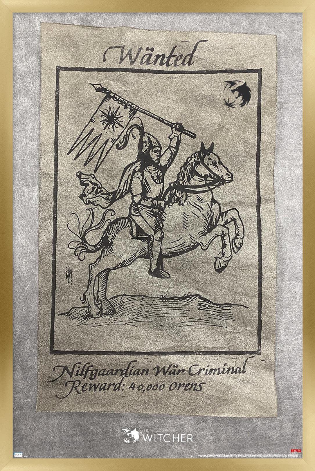 Trends International Netflix The Witcher Season 2-Wanted War Criminal Wall Poster, 14725 X 22375, Gold Framed Version