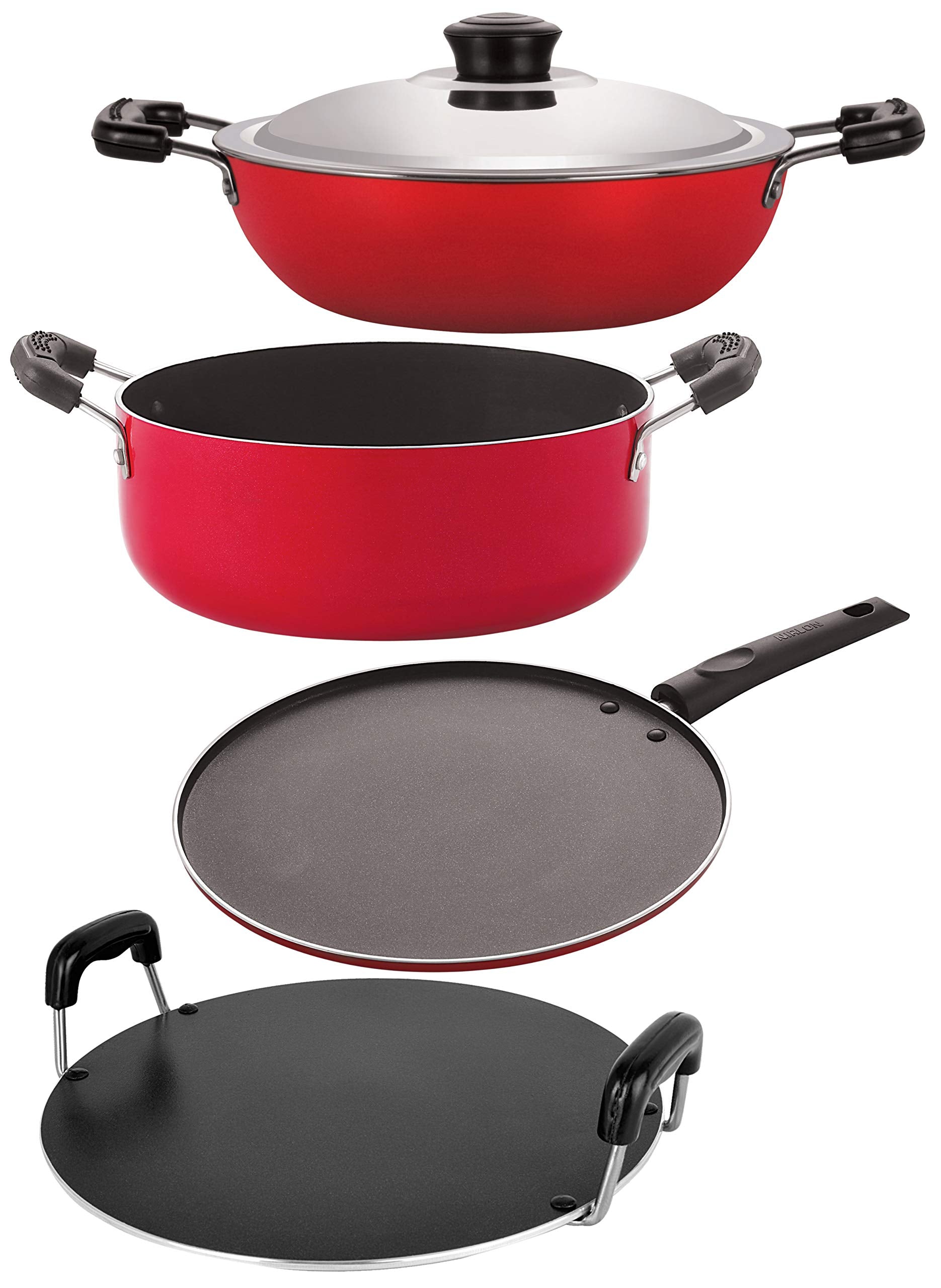 Nirlon Kitchenware Non Stick Aluminium Cookware Gift Set Of 4Pcs (Dkd(B)_Rt_St11_Cs24) Red And Black