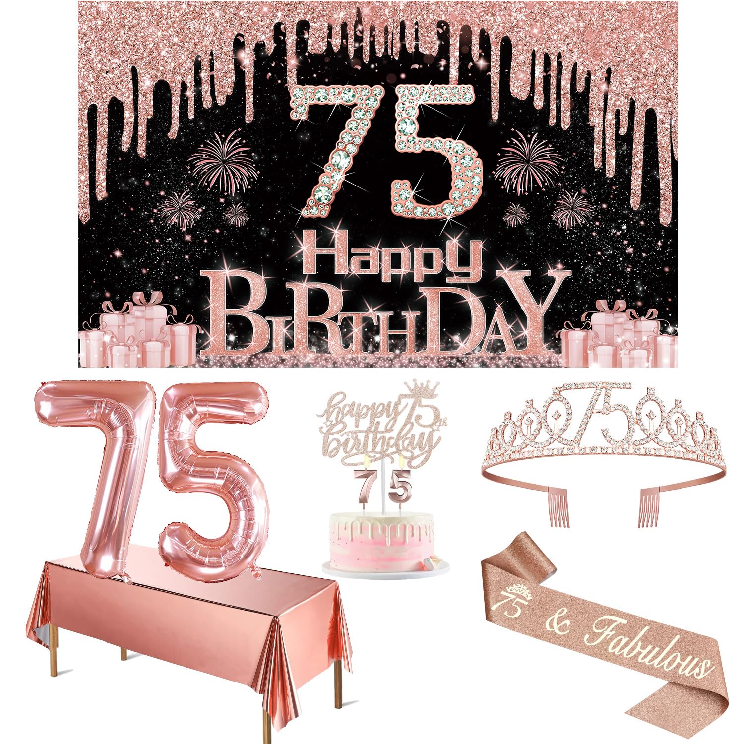 75Th Birthday Decorations For Women With Banner, Rose Gold Tablecloth, Number Balloons, 75Th Birthday Sash And Tiara, Cake Toppe