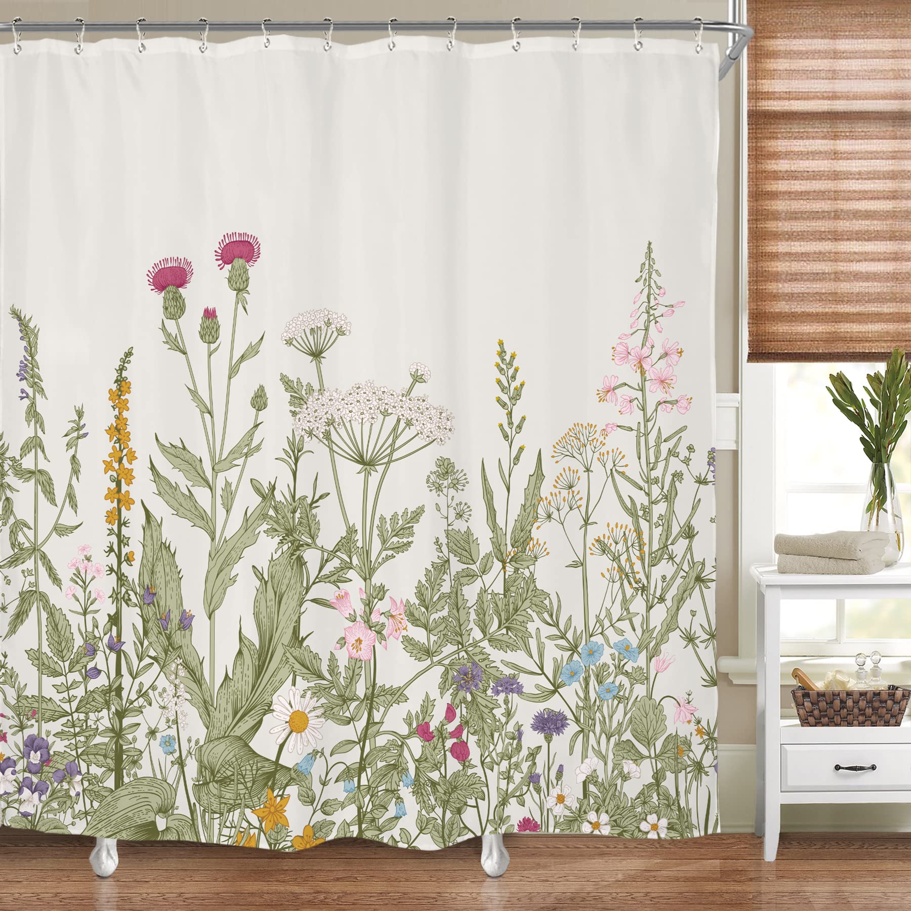 Riyidecor Fabric Green Leaves Shower Curtain For Bathroom Decor 60Wx72H Inch Floral Flower Botanical Wildflower Decorative Bath