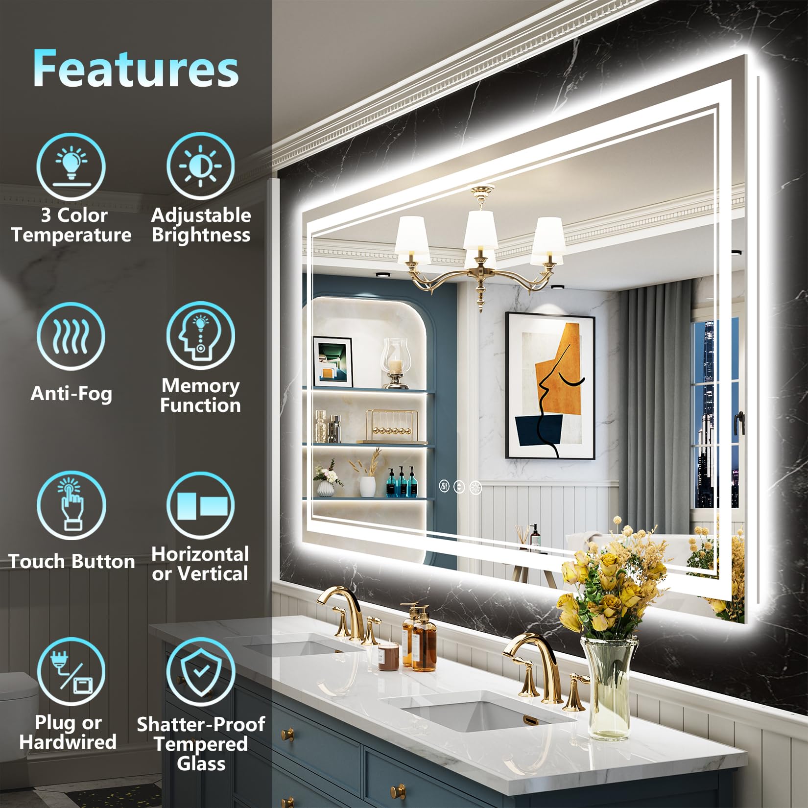Awandee 77X36 Led Bathroom Mirror With Lights, Front And Backlit Led Mirror For Bathroom, Anti-Fog Lighted Bathroom Mirror, Dimm