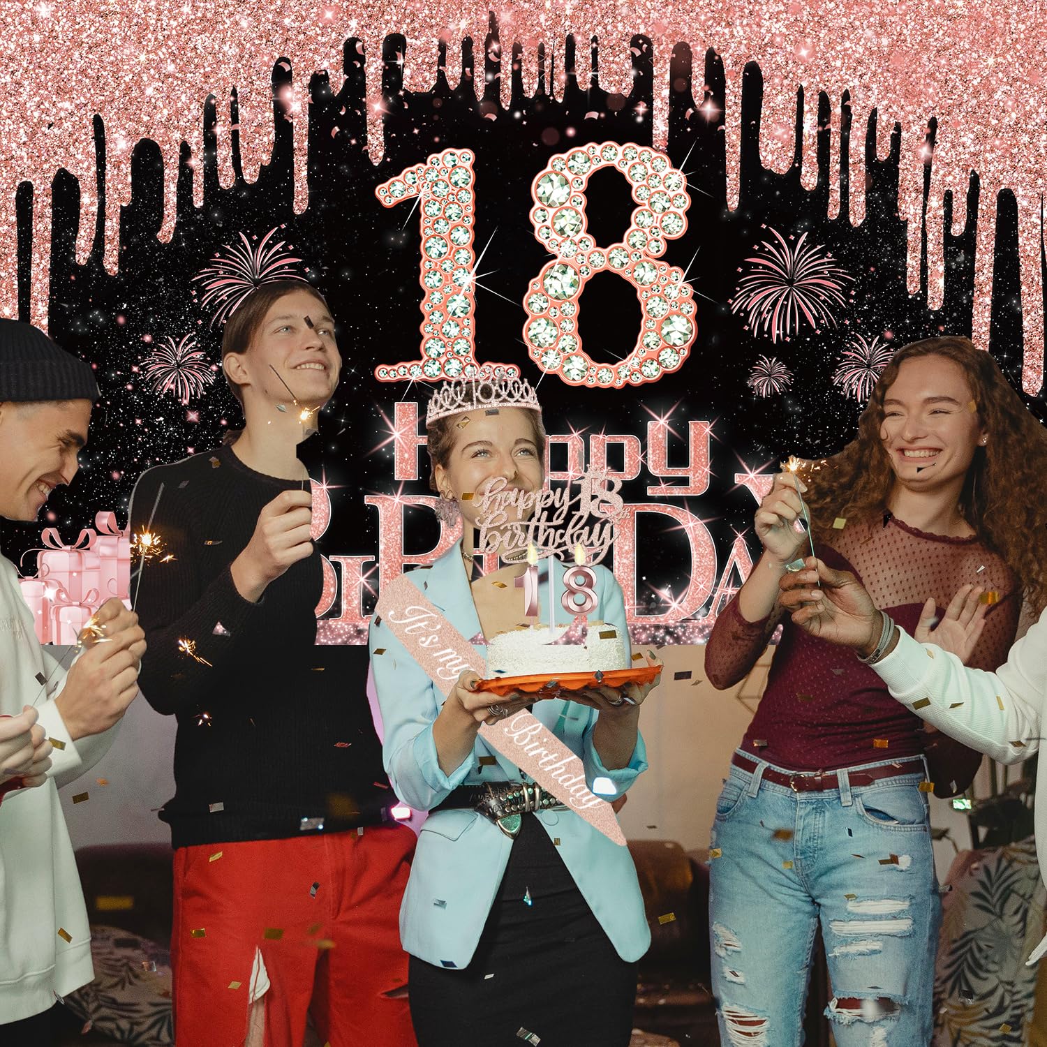 18Th Birthday Decorations For Girls With Banner, Rose Gold Tablecloth, Number Balloons, 18Th Birthday Sash And Tiara, Cake Toppe