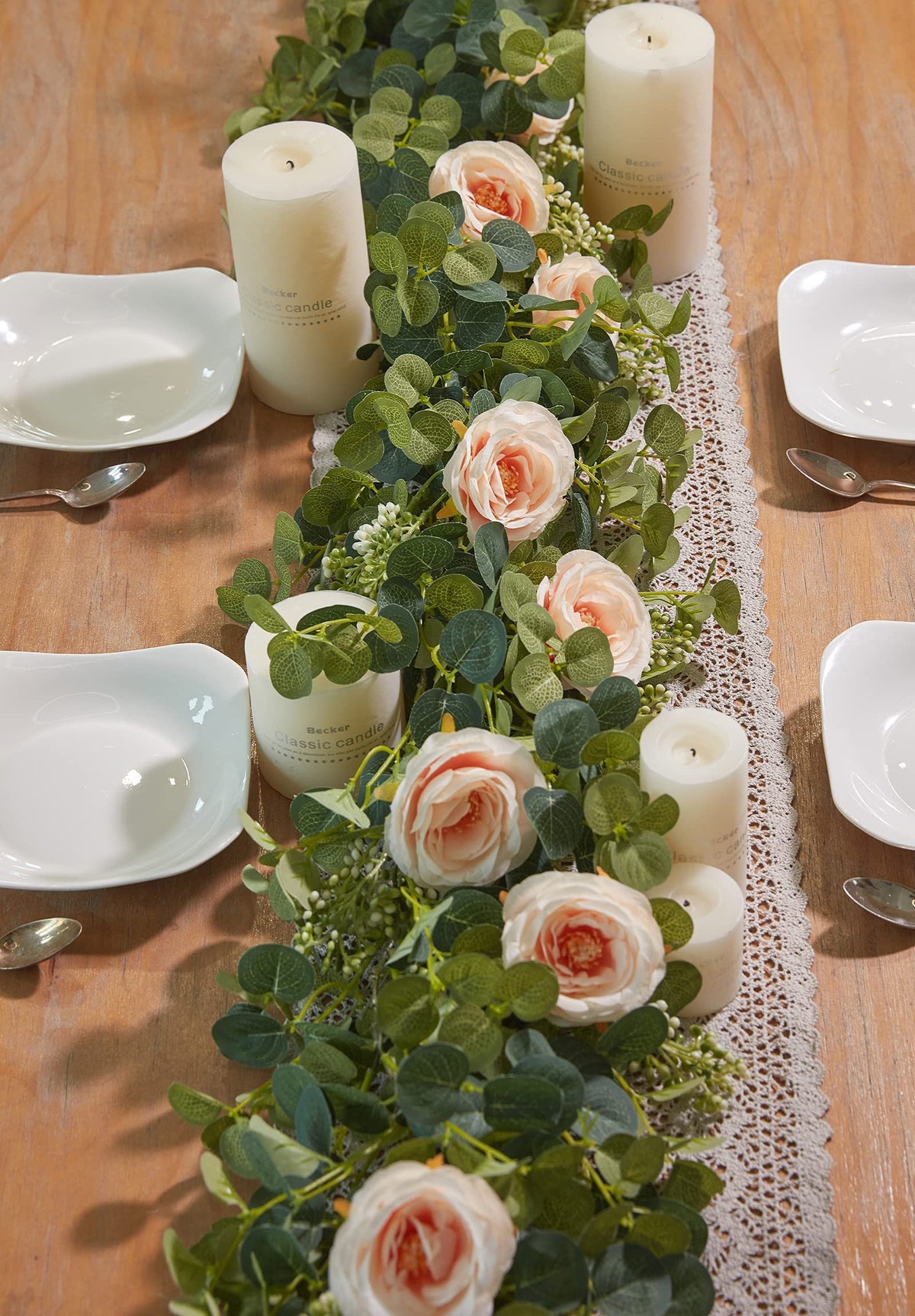 Party Joy 6.56Ft Eucalyptus Garland With Flowers-8 Pink Roses-Lush,Natural Looking, Floral Garland Greenery Garland For Party We