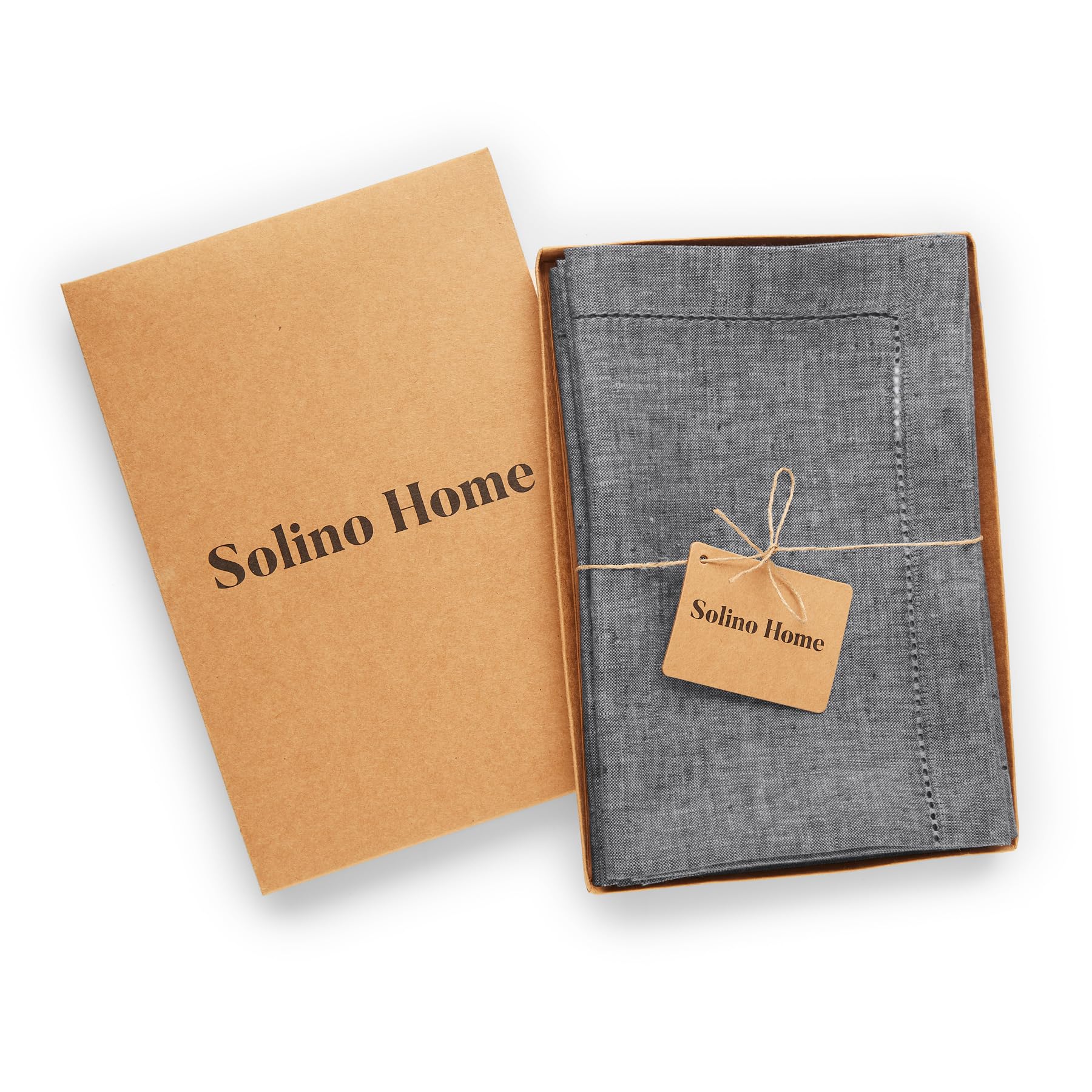 Solino Home Linen Dinner Napkins 20 X 20 Inch - 100% Pure Linen Hemstitch Charcoal Grey Cloth Napkins Set Of 4 - Milan, Handcraf