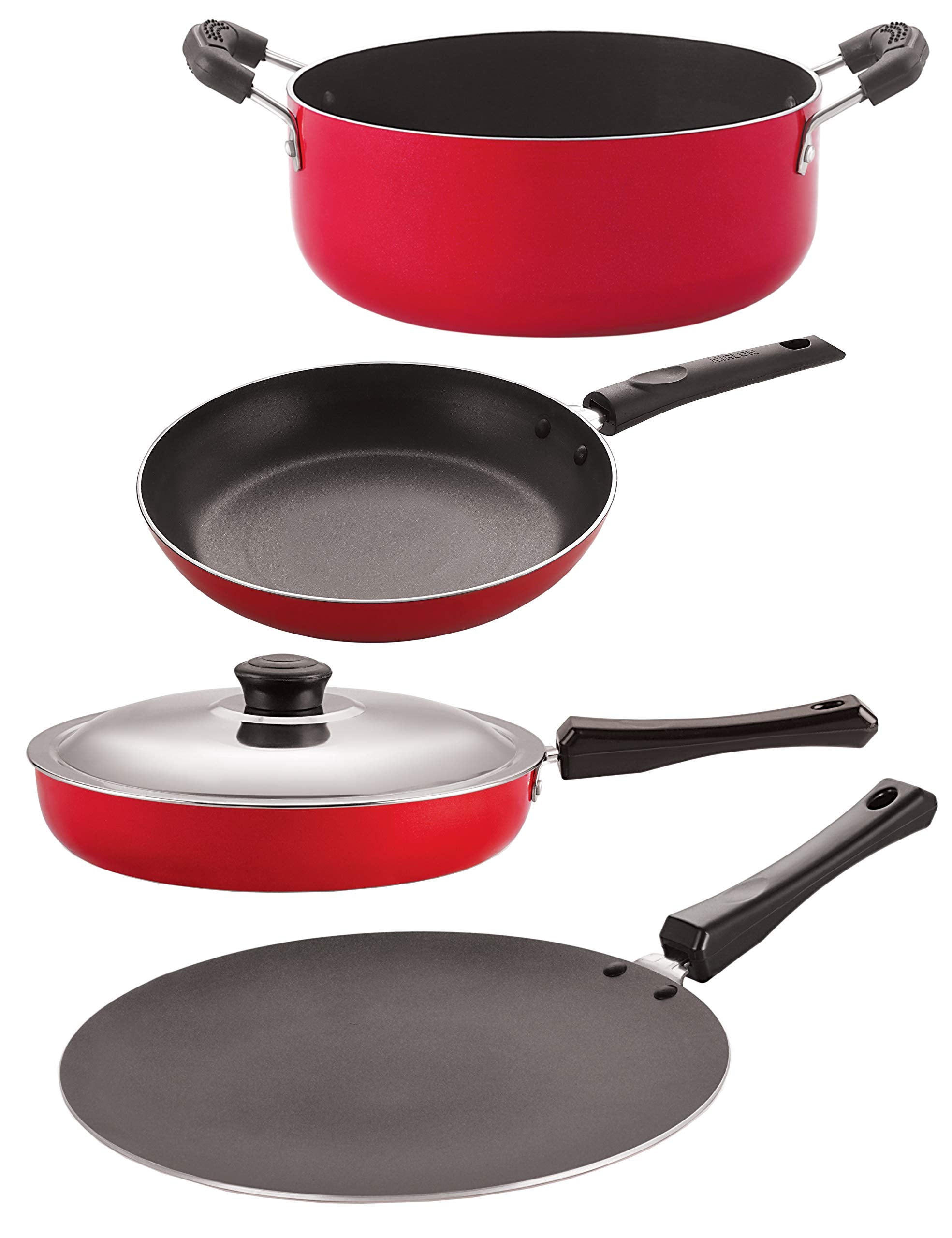 Nirlon Kitchen Nonstick Cookware Combo Casserole/Fry Pan/Fry Pan With Lid/Concave Roti Tawa  Set Of 4 (Red And Black)