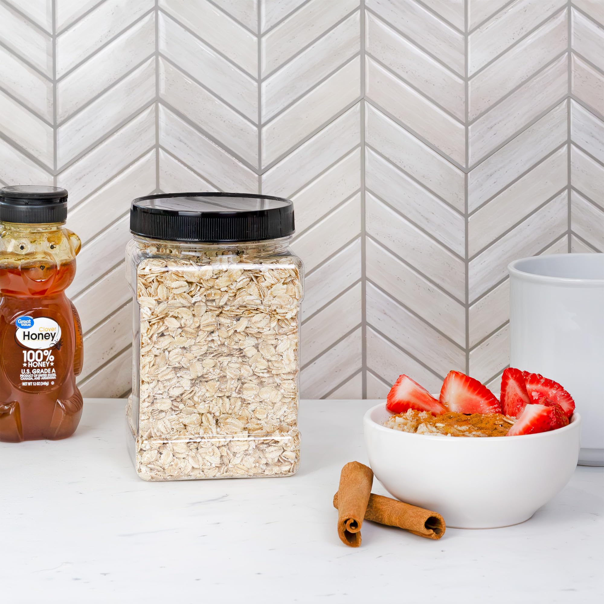32oz Square Plastic Jars (4-Pack  Quart); Clear Rectangular 4-Cup Canisters w/Black Lids  Easy-Grip Side