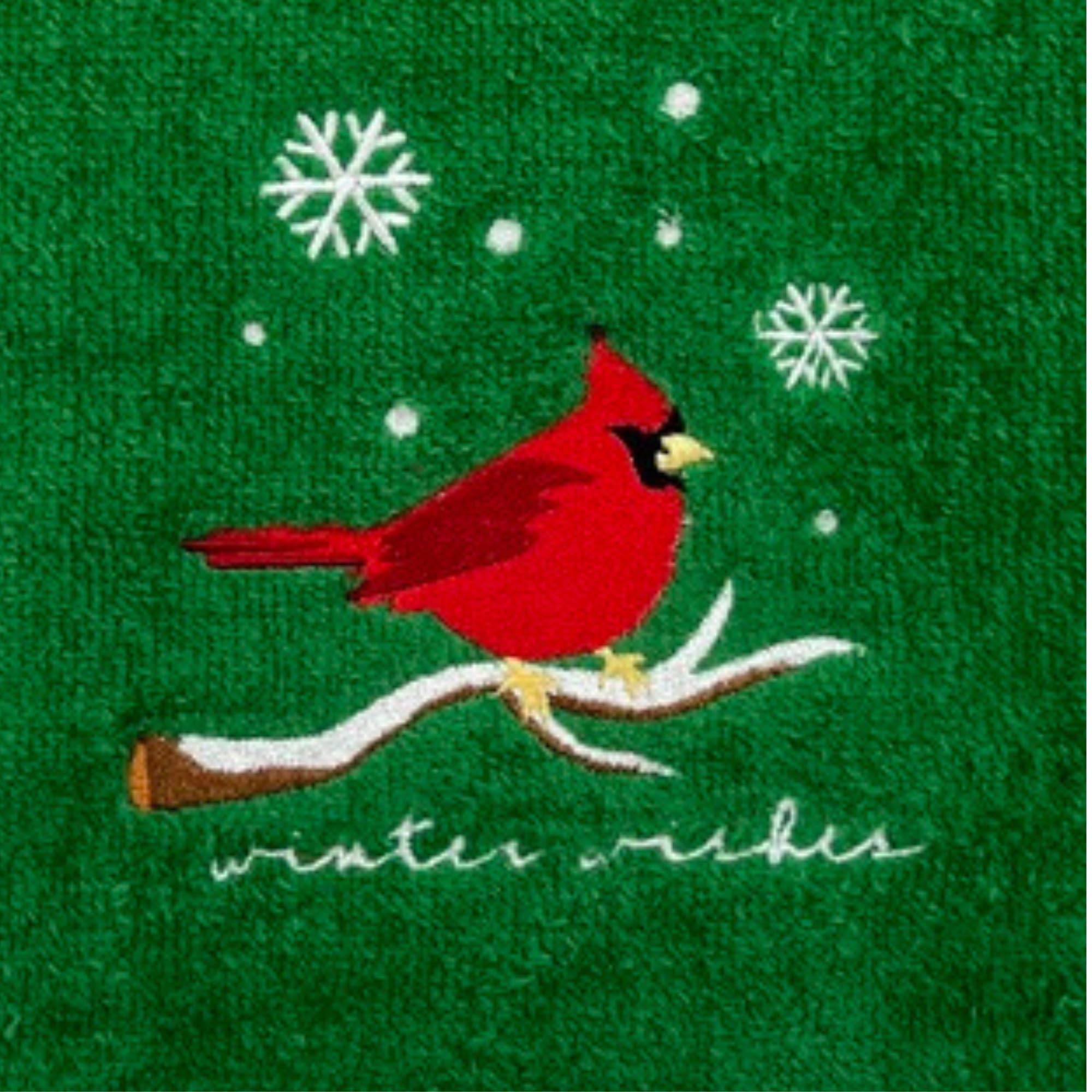 Green Christmas Fingertip Bath Towels, Embroidered Red Cardinal On Branch, 2 Piece Set, 12 X 18 Inches, 100% Luxury Cotton, Fest