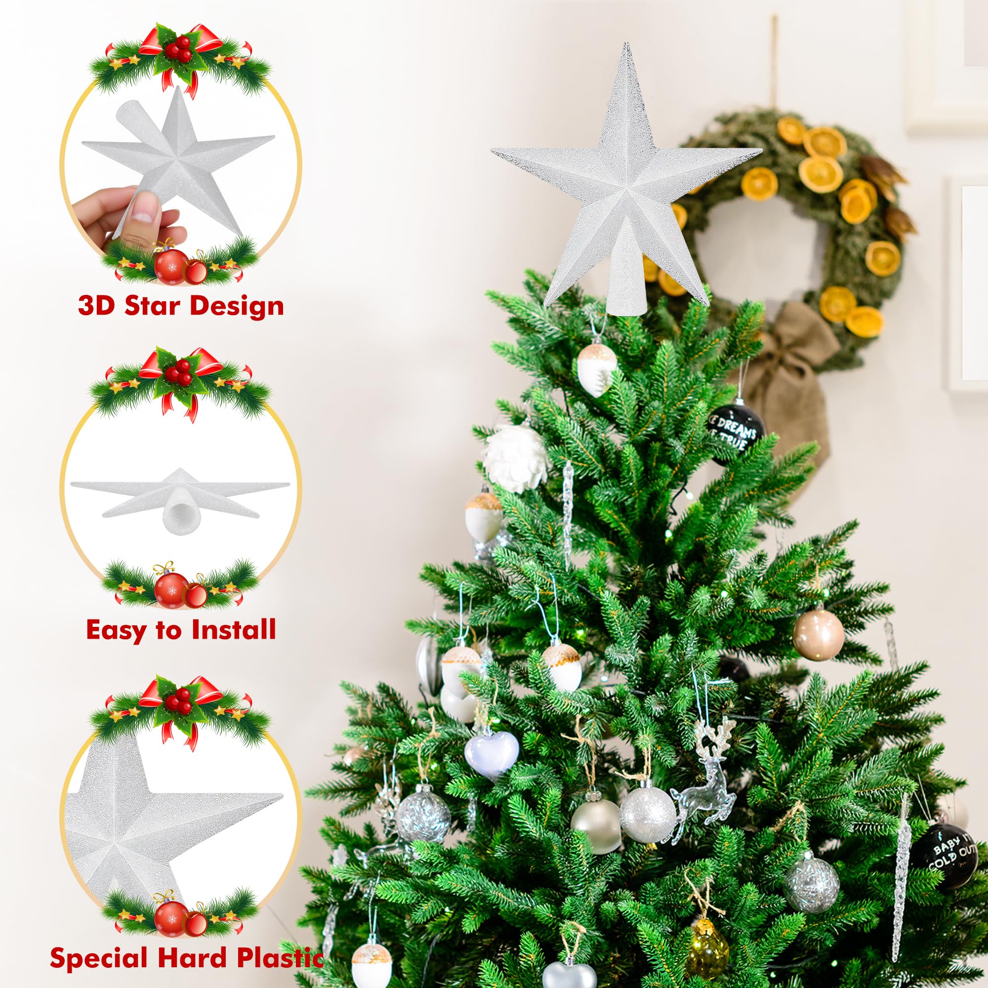 Christmas Tree Topper, 1PCS 4 White Glitter Star Tree Topper, 3D Xmas Shatter-Proof Mini Bethlehem Star Tree Topper Decorations,