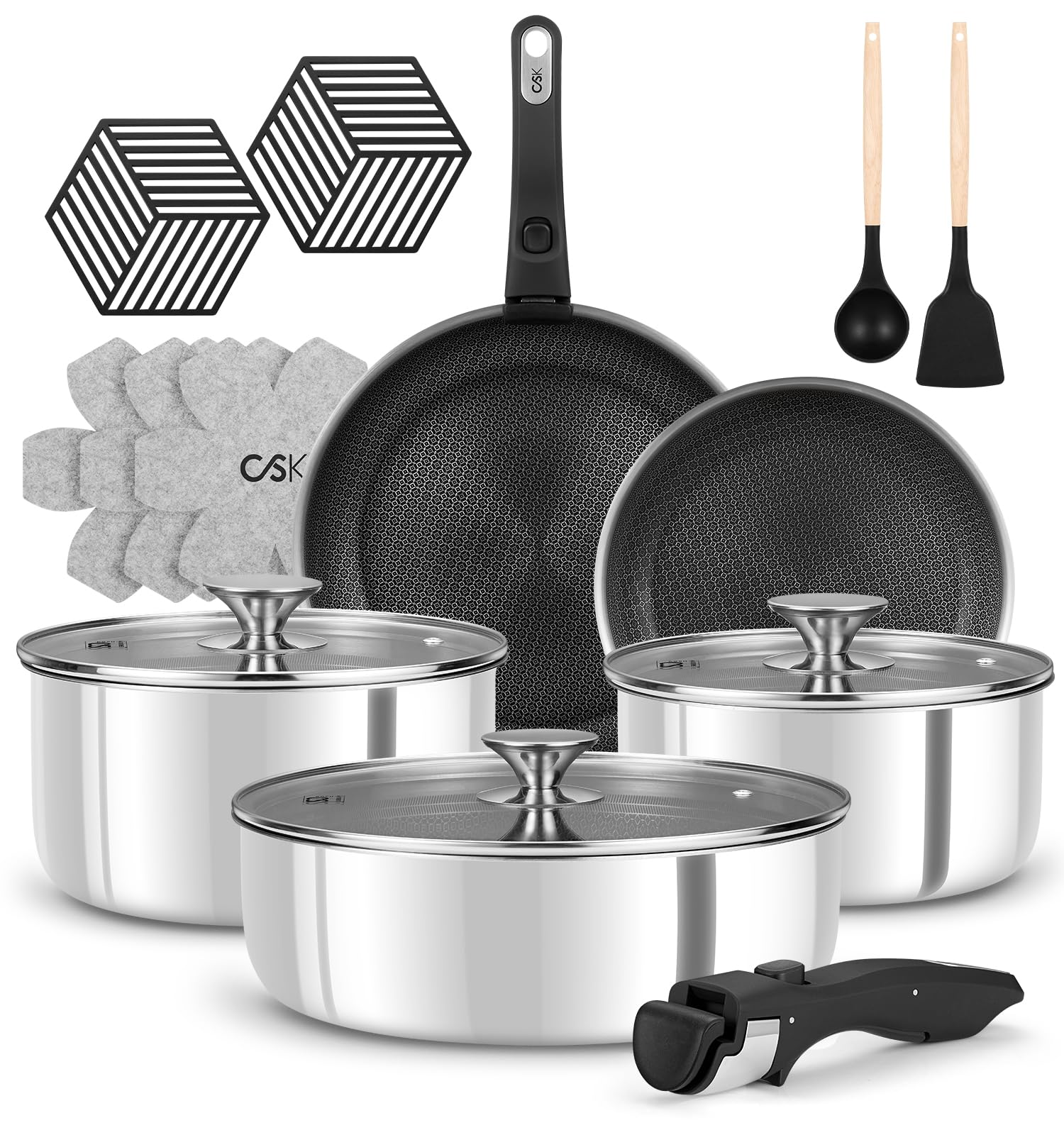 KOCH SYSTEME CS Stainless Steel Steel Cookware Set with Detachable Handle, Hybrid 17 PCS Cooking Pan Set, Oven Safe, Dishwasher 