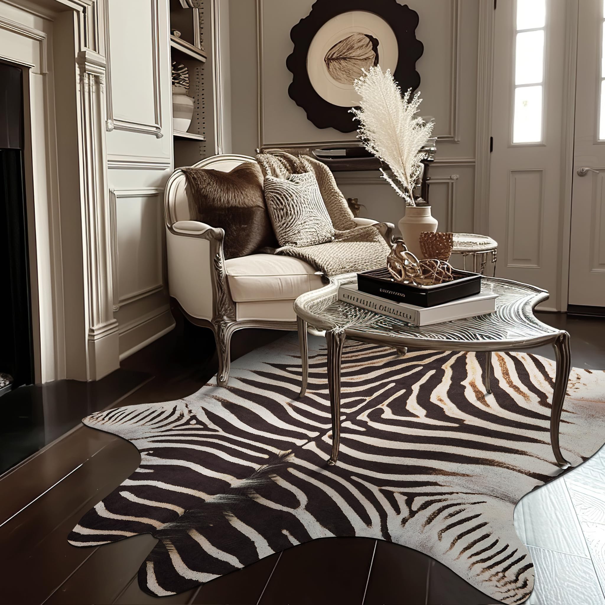 jinchan Zebra Print Area Rug Faux Skin Cowhide Animal Design Mat Faux Suede Indoor Floorcover for Bedroom Living Room 4x5 Safari