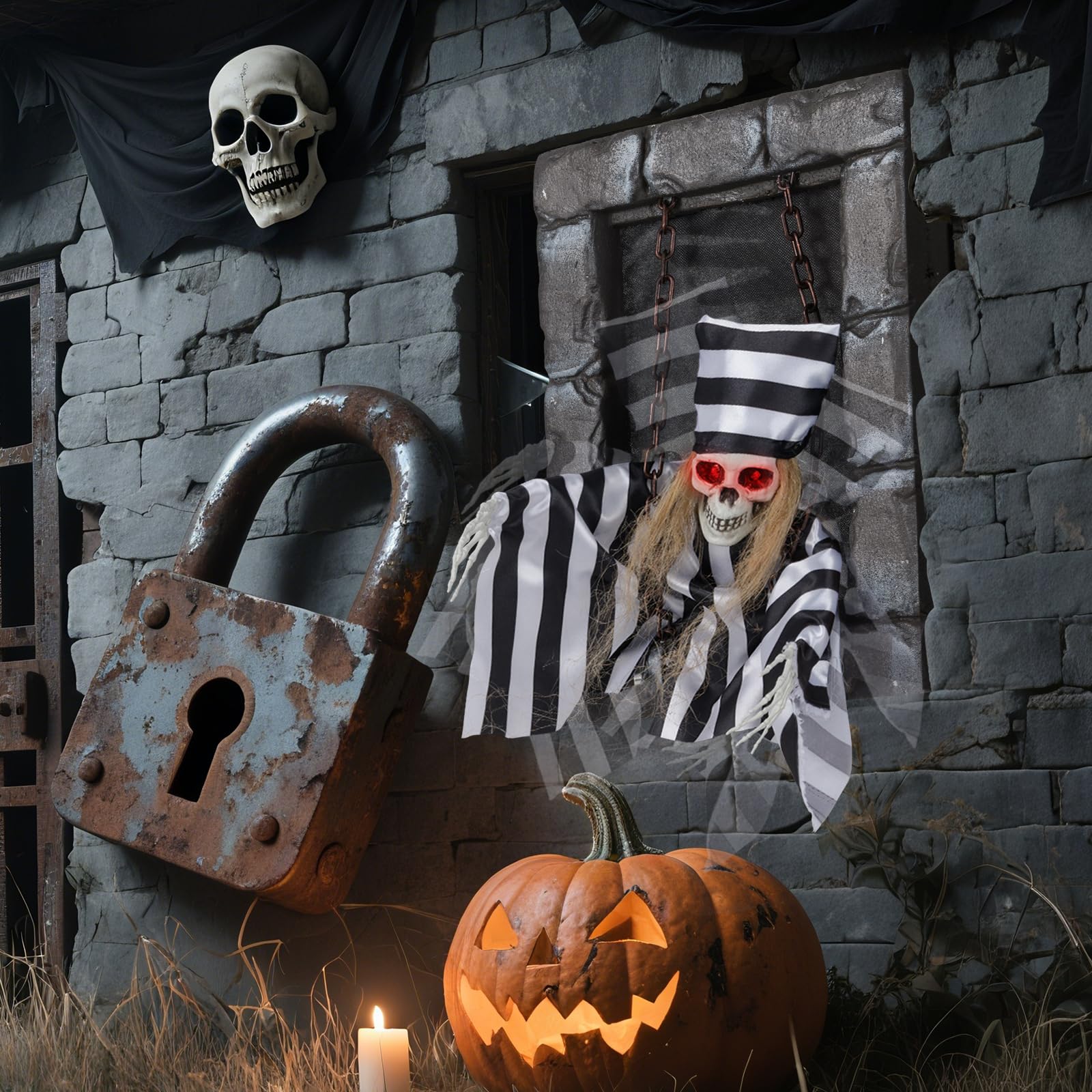 Tangkula Halloween Decorations Indoor, 18    Hanging Skull Prisoner with Light-up Eyes & Spooky Sounds, Sound-Activated Hallowee