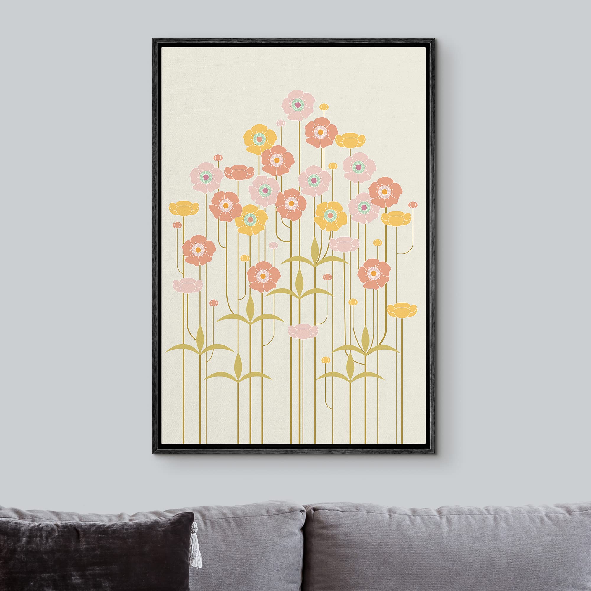NWT Framed Canvas Print Wall Art A Bouquet of Pink  Orange and Yellow Daisies Floral Plants Illustrations Modern Art Chic Group Colorful Ultra for Living Room  Bedroom  Office - 24''x36'' Black