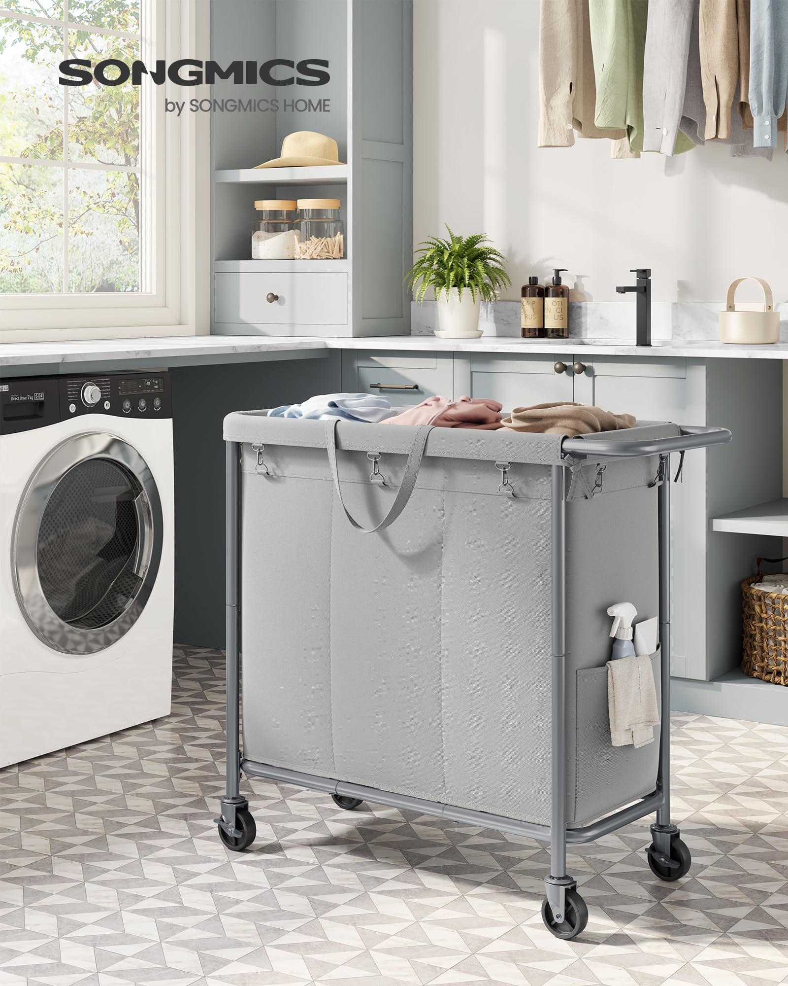 Songmics Laundry Basket With Wheels, 3-Section Rolling Laundry Hamper, 52.8 Gallons (200L), Removable Liner, Steel Frame With Ha