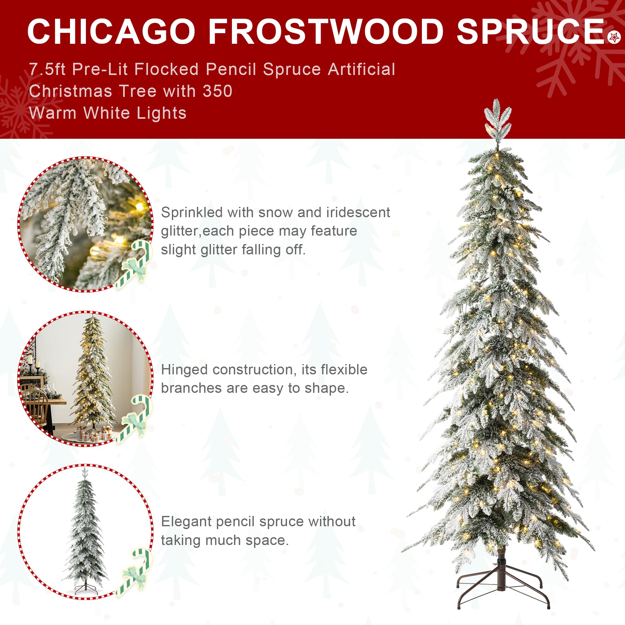 Glitzhome 7.5ft Artificial Christmas Tree, Pre-Lit Flocked Pencil Christmas Tree Chicago Frostwood Spruce with 350 Warm White Li