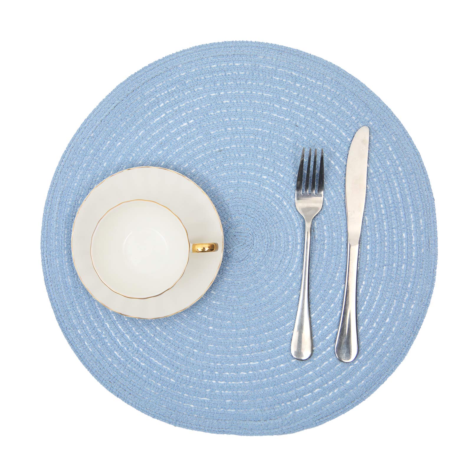 SHACOS Round Braided Placemats Set of 6 Round Table Mats for Dining Tables 15 inch (Light Blue, 6)