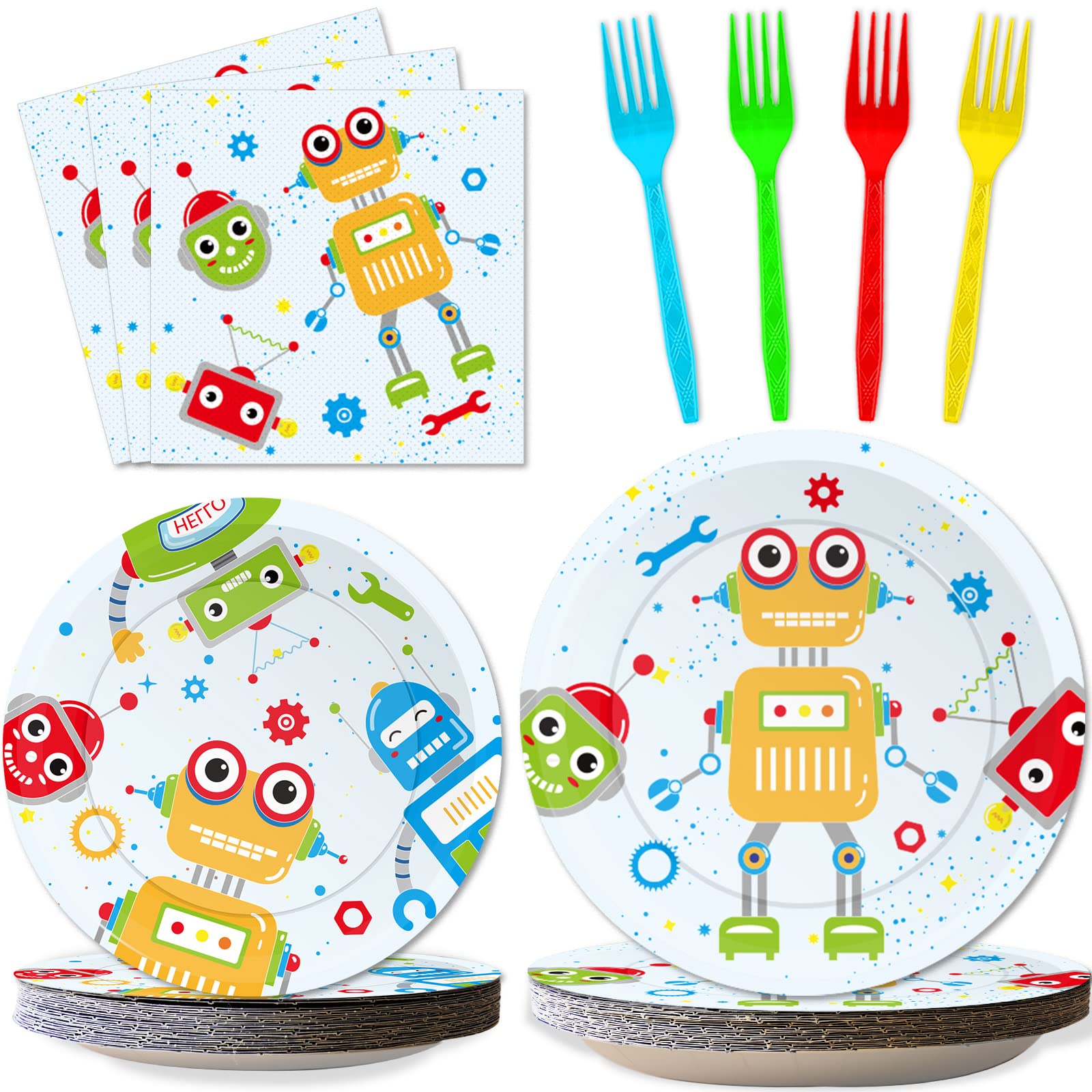 96Pcs Robot Birthday Party Supplies Pack Robot Party Plates Napkins Forks Kit Disposable Tableware Set Robots Theme Party Baby S