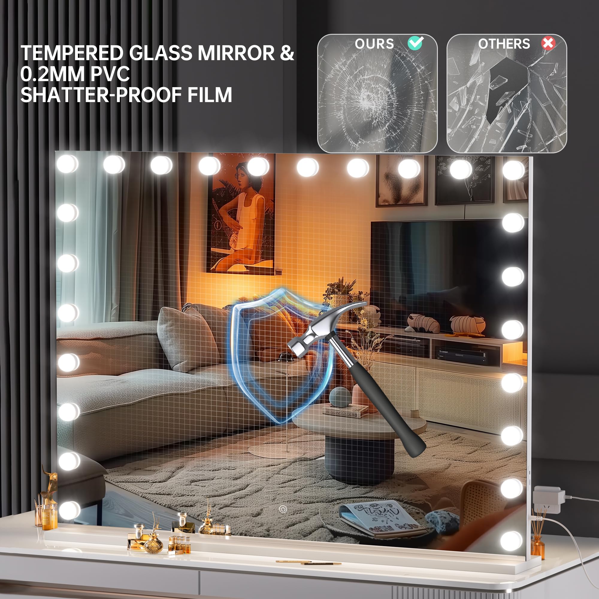 Ouboyo Vanity Mirror With Lights, 47'' X 35'' Hollywood Mirror, Makeup Mirror With 24 Dimmable Bulbs And 5X Magnification, 3 Col