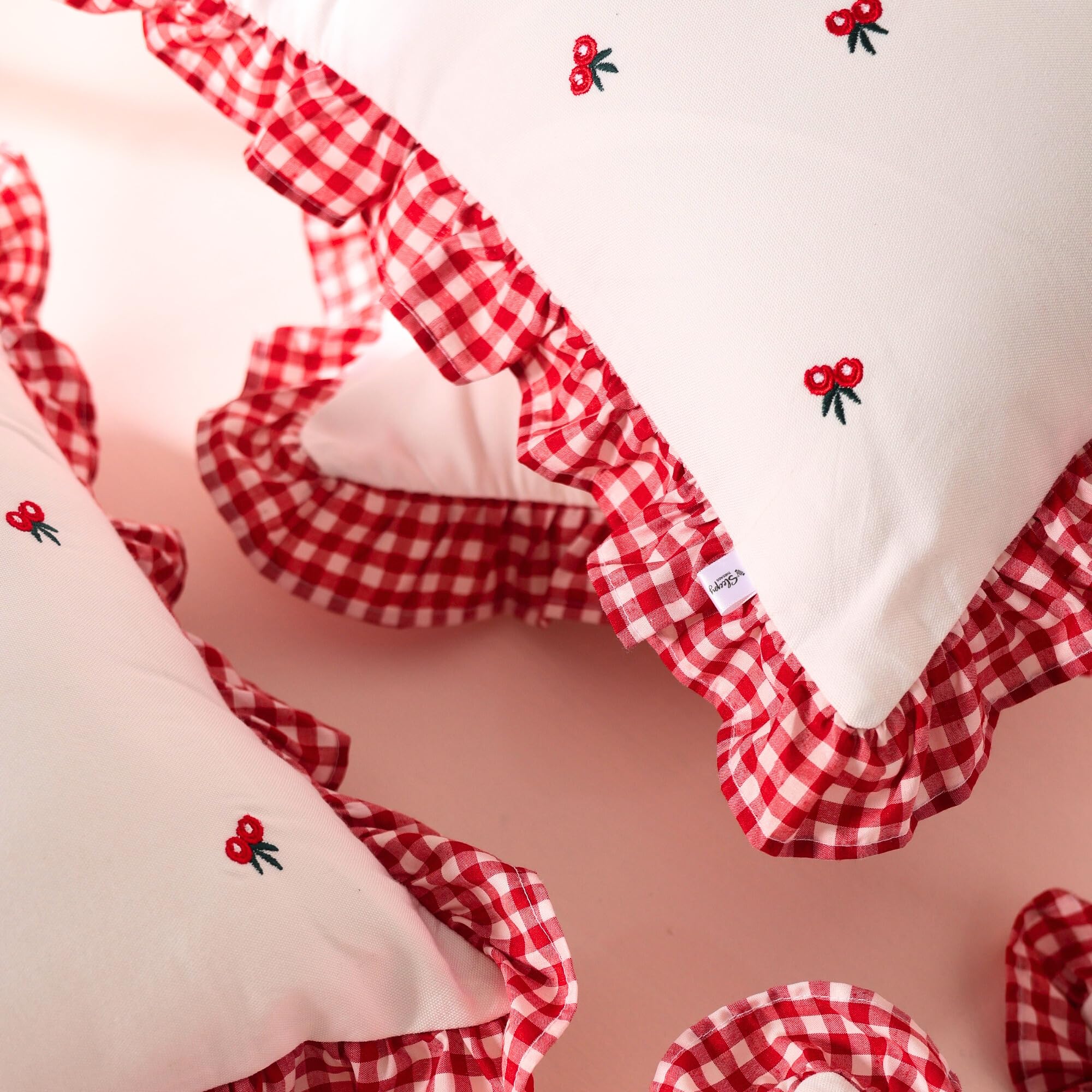 Sleepy Threads Cotton Cushion Cover Red & White | Set Of 3 | Square Floral Embroidered With Ruffle Frill Edging Throw For Sofa,L