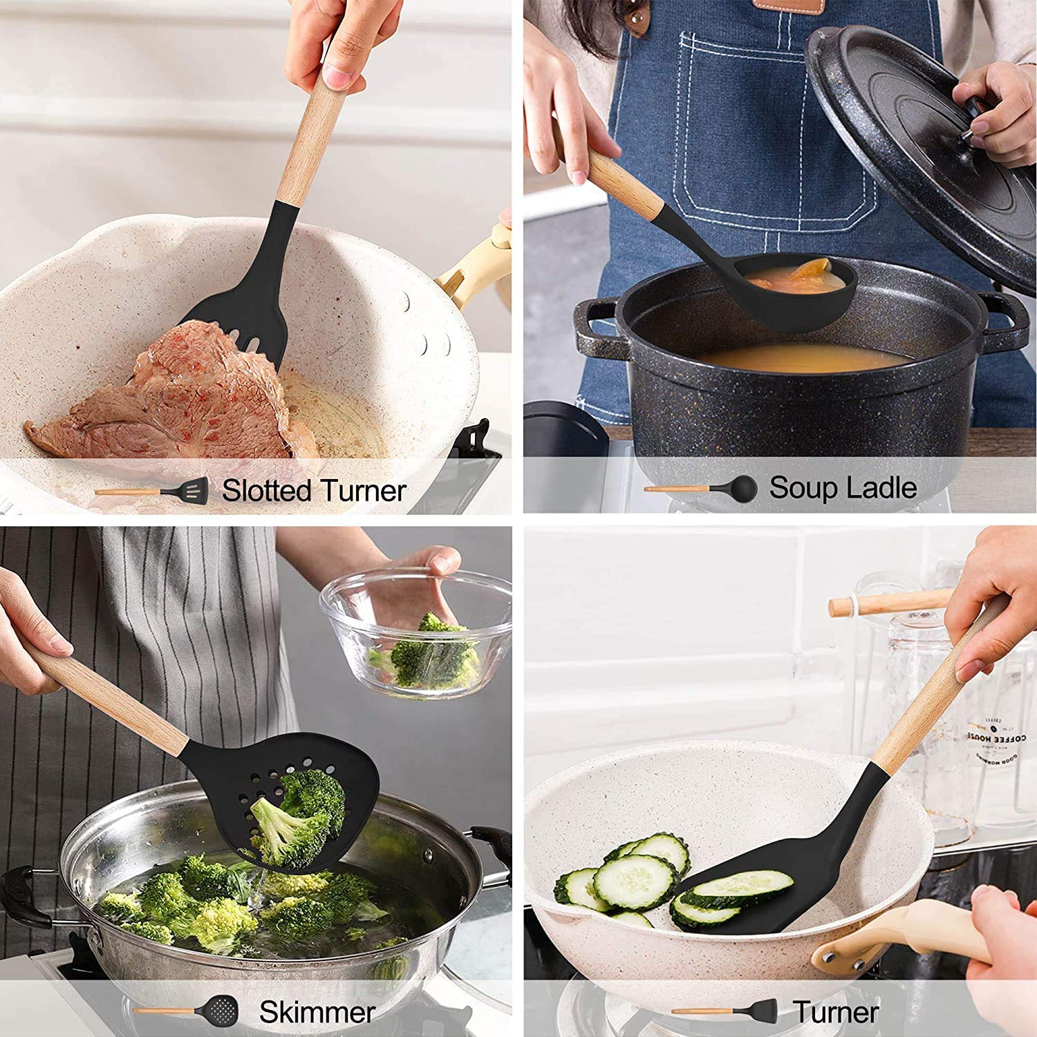 Lianyu 15-Piece Kitchen Silicone Cooking Utensils Set With Holder, Wooden Handle Kitchen Tools Include Spatula Tong Slotted Spoo