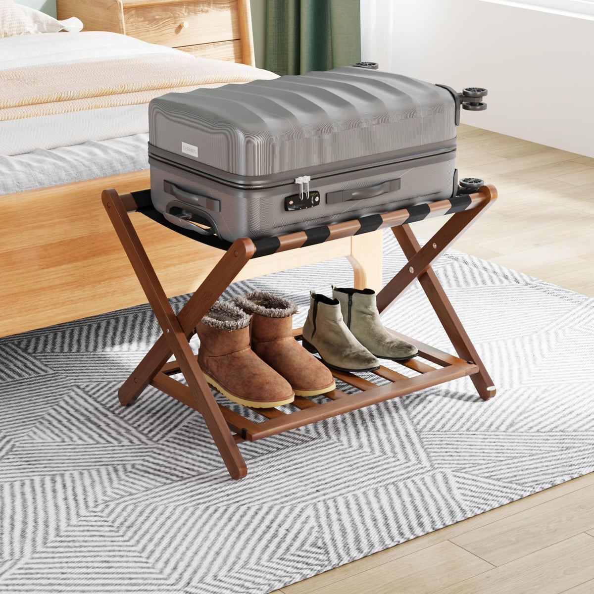 Smuxee Fully Assembled Walnut Luggage Rack, Upgraded Bamboo Foldable Suitcase Stand With 5 Nylon Straps, Luggage Holder With She