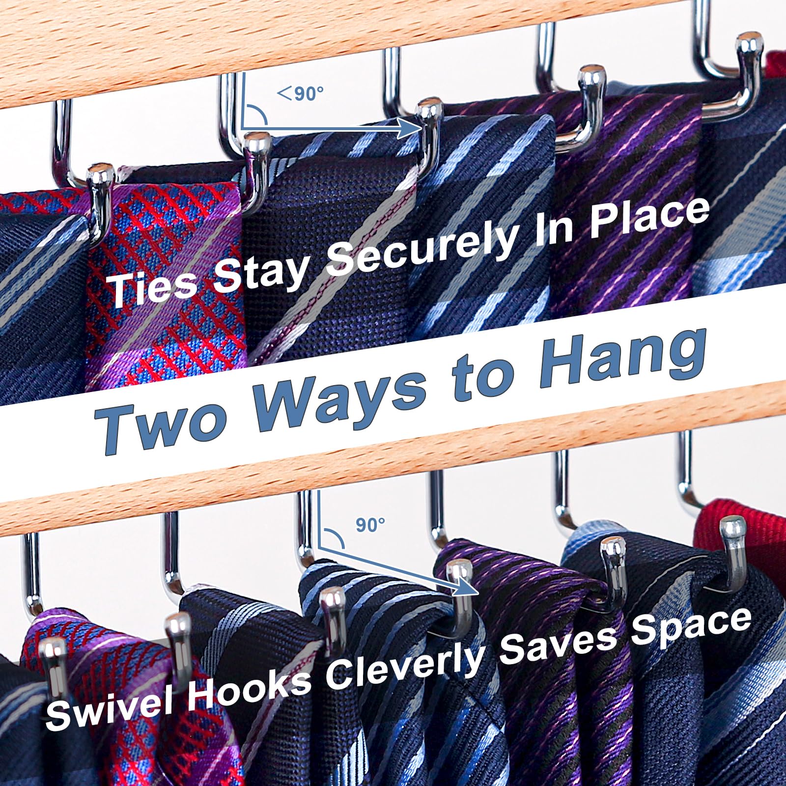 Tie Rack Wall Mounted, Natrual Wood Tie Organizer Holds 20 Ties/Belt/Purse, Tie And Belt Organizer W/ 360 Roatable Hooks,Screw N