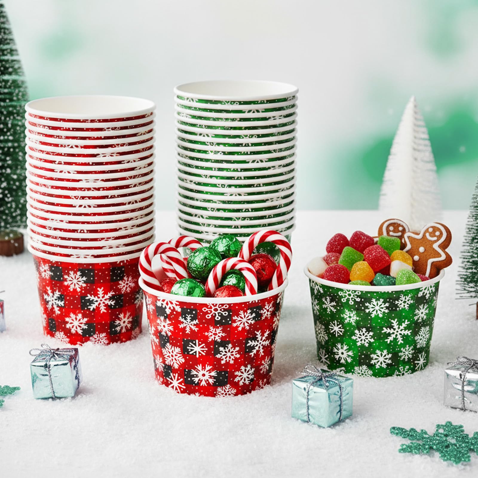 Jingmore 100 Pcs 8 oz Christmas Buffalo Plaid Treat Snack Cups Paper Red Green Plaid Ice Cream Bowl Disposable Paper Bowls Winte