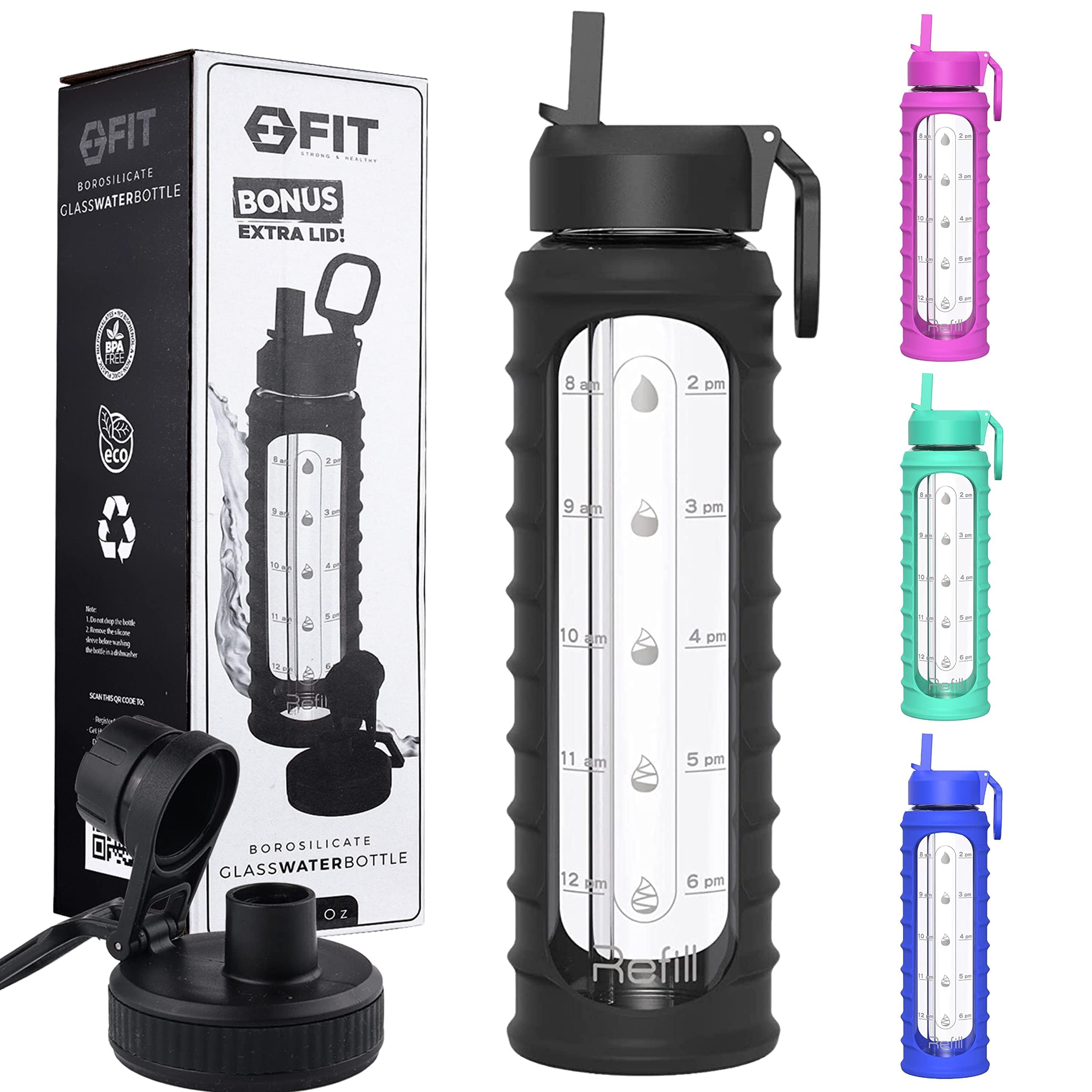 32 Oz Glass Water Bottle With Straw Lid, Time Marker, Sleeve & Extra Lid - Motivational, Wide Mouth, Large Bpa-Free 1 Liter Glas