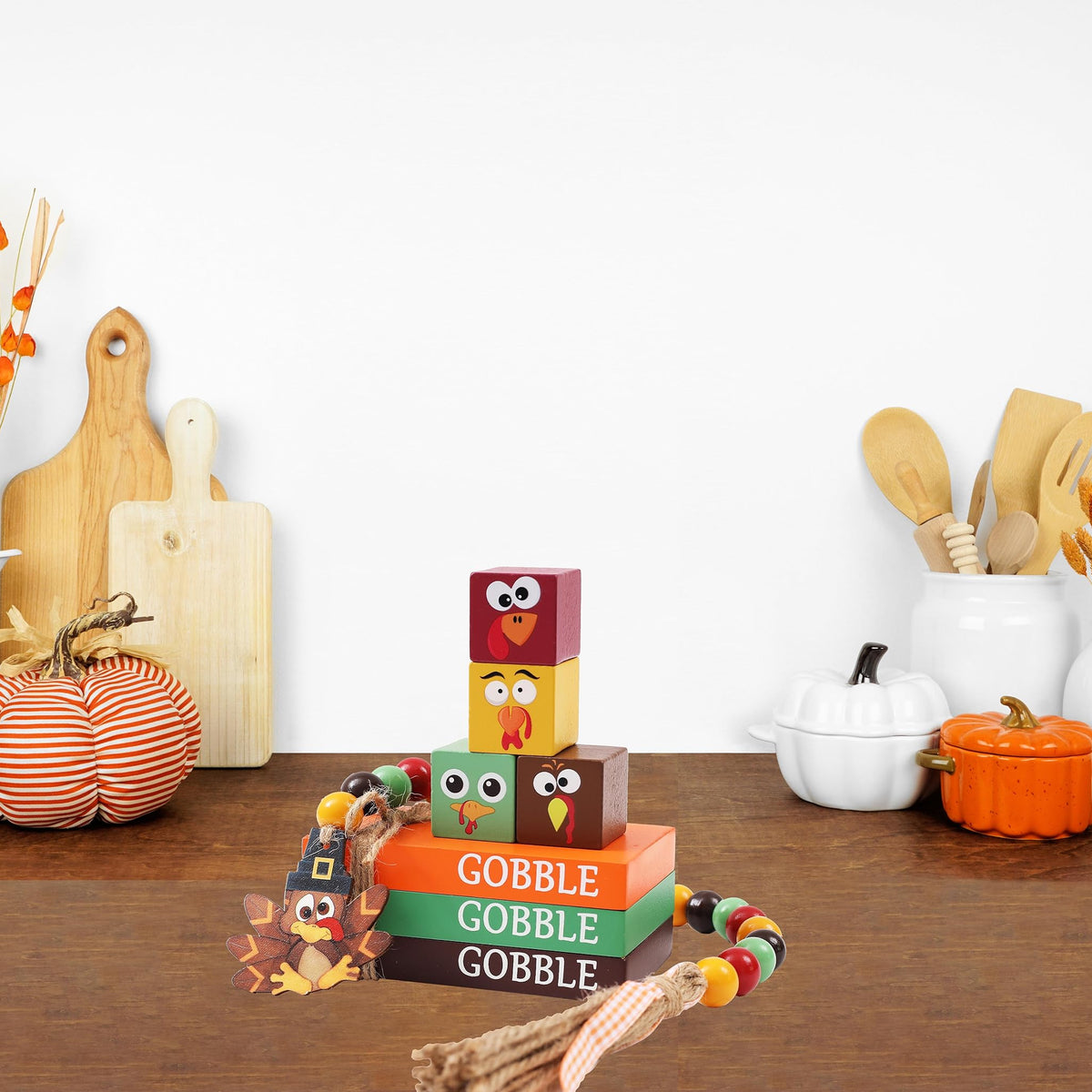 Hrency Thanksgiving Decor - Turkey Faux Books & Gobble Wooden Sign Boo ...