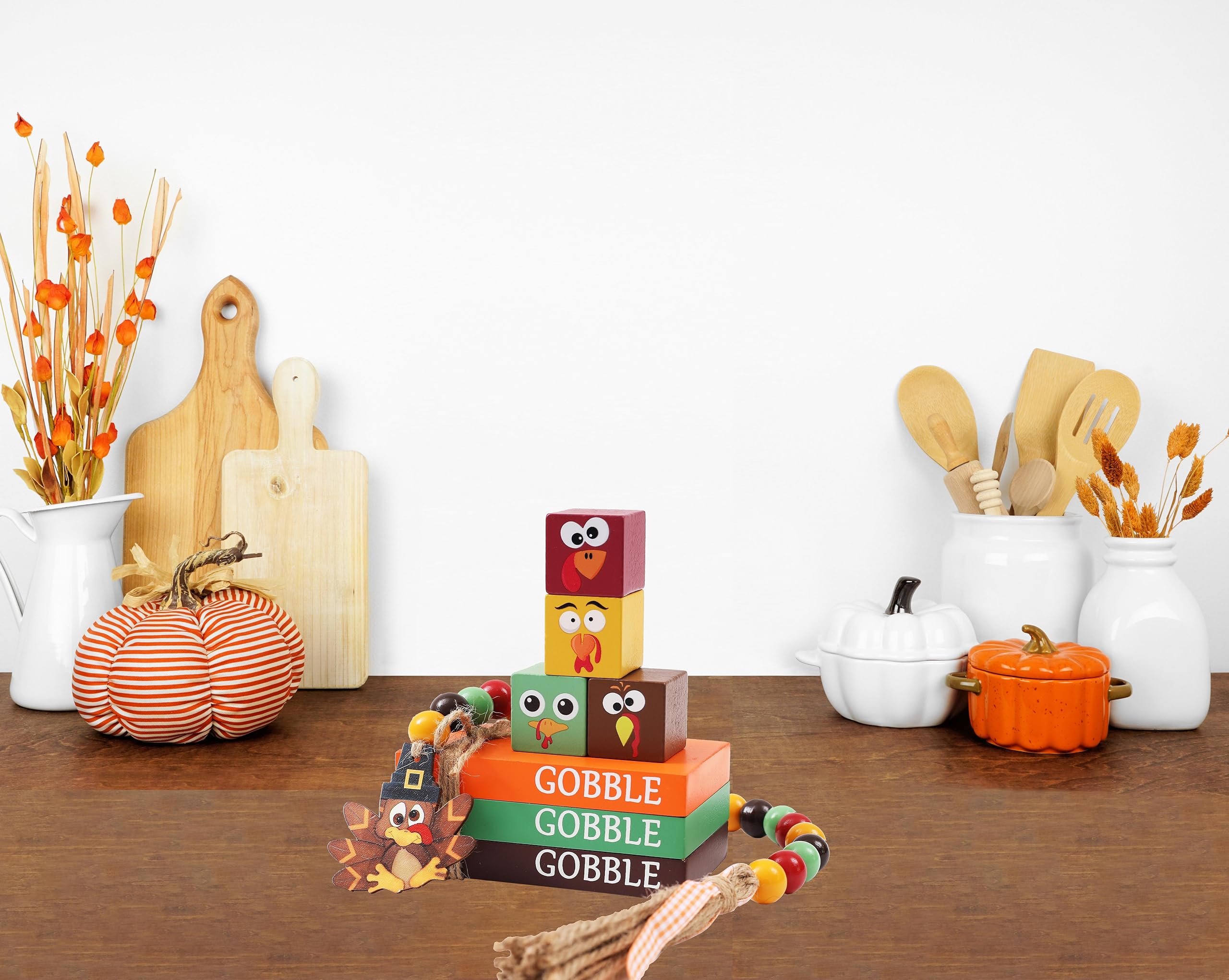 Hrency Thanksgiving Decor - Turkey Faux Books & Gobble Wooden Sign Book Stack Fall Farmhouse Rustic Tiered Tray Coffee Table Dec