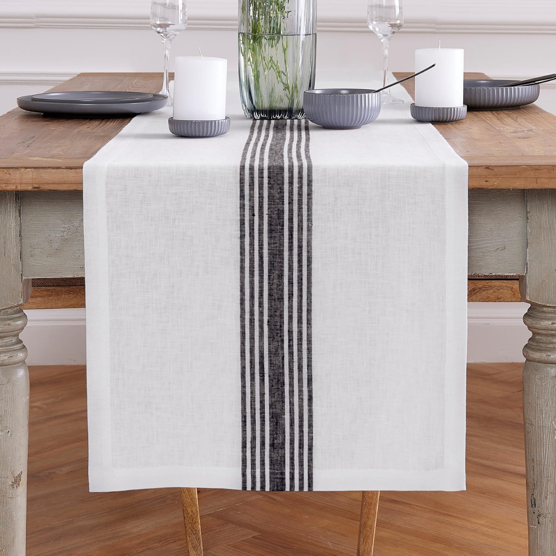 Solino Home Farmhouse Linen Black And White Table Runner 108 Inches Long - 100% Pure Linen Stripe Dining Table Runner 18 X 108 I