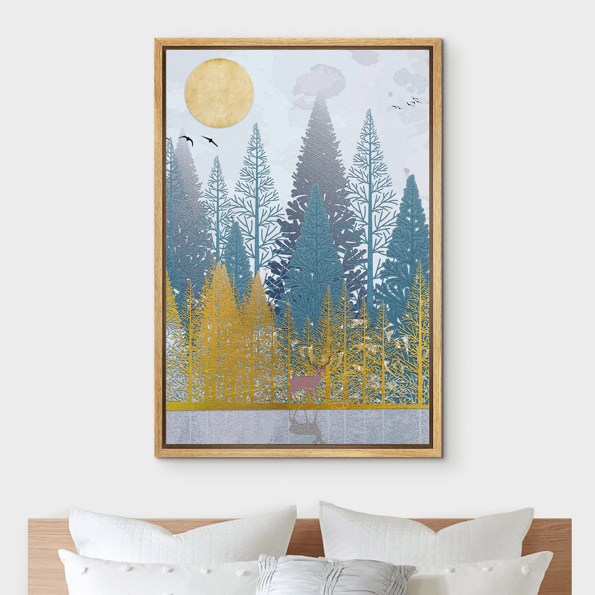 IDEA4WALL Framed Canvas Print Wall Art Blue & Gold Forest with Purple Elk Abstract Wilderness Illustrations Modern Art Rustic Multicolor Cool for Living Room  Bedroom  Office - 24''x36'' Natural