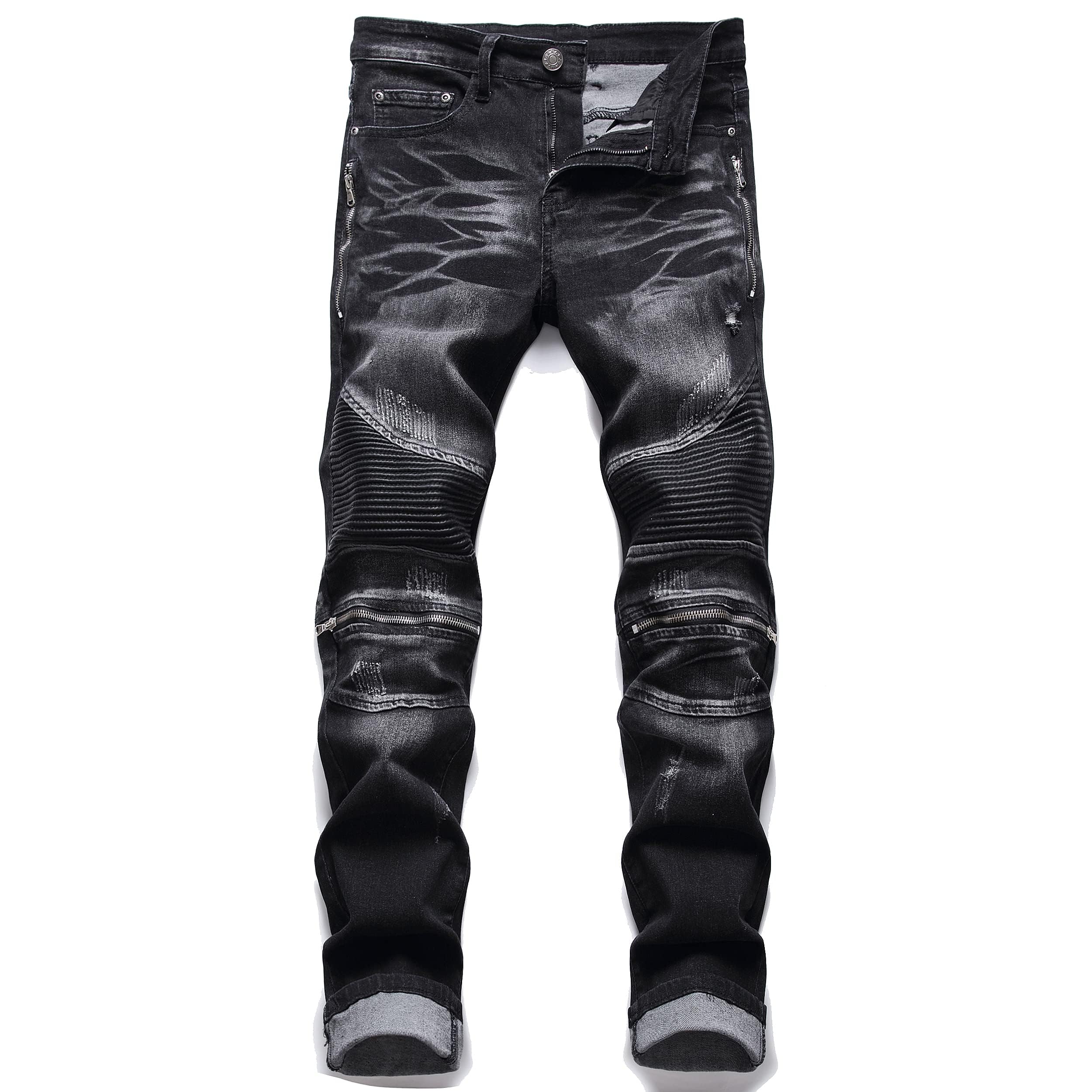 Aititia Mens Biker Zipper Deco Washed Straight Fit Jeans (28, 005 Black)