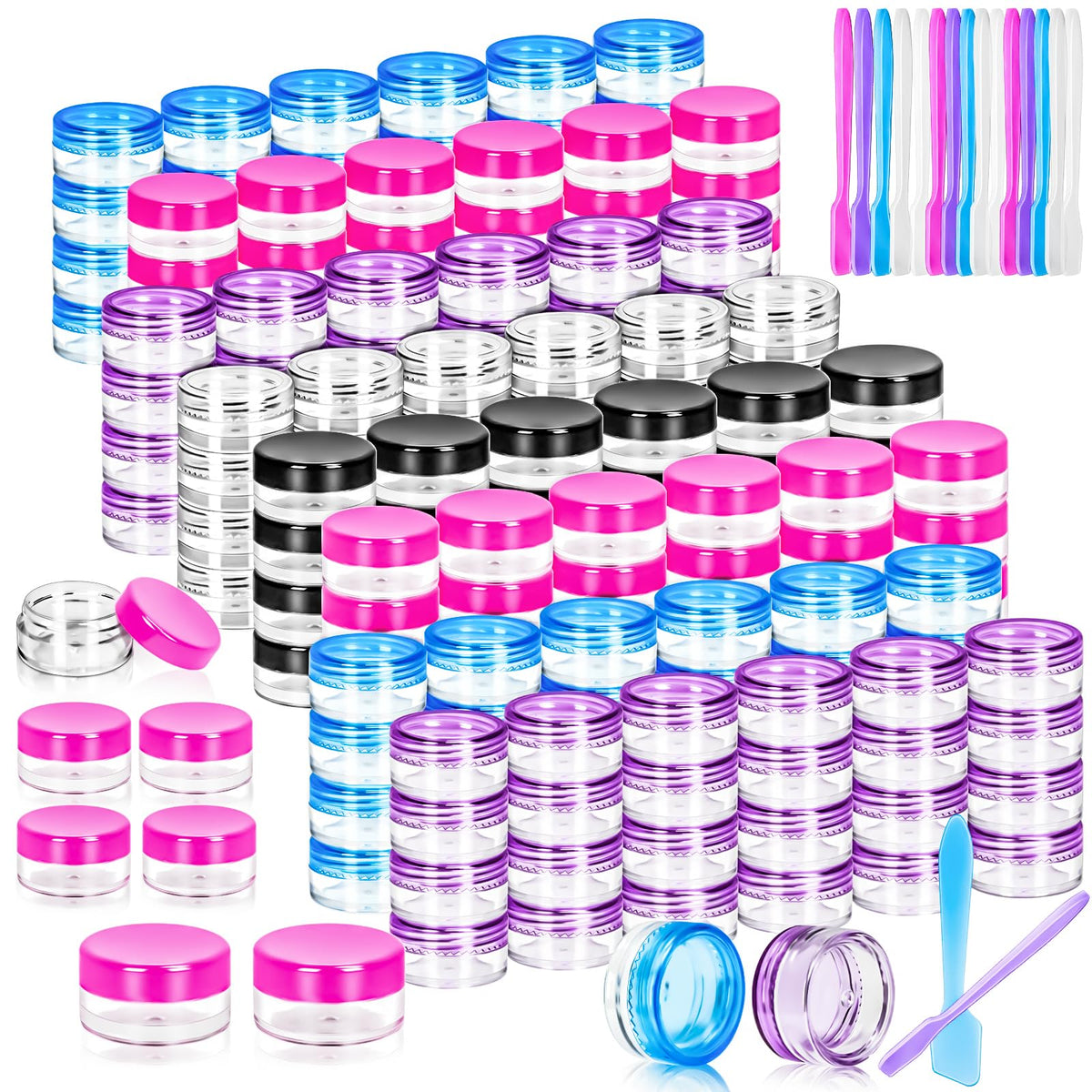 Motbach 100 Pcs Empty Plastic Containers With Colored Lids,Small Makeup Sample Containers,Mini Sample Pot Jars Round Cosmetic Ja