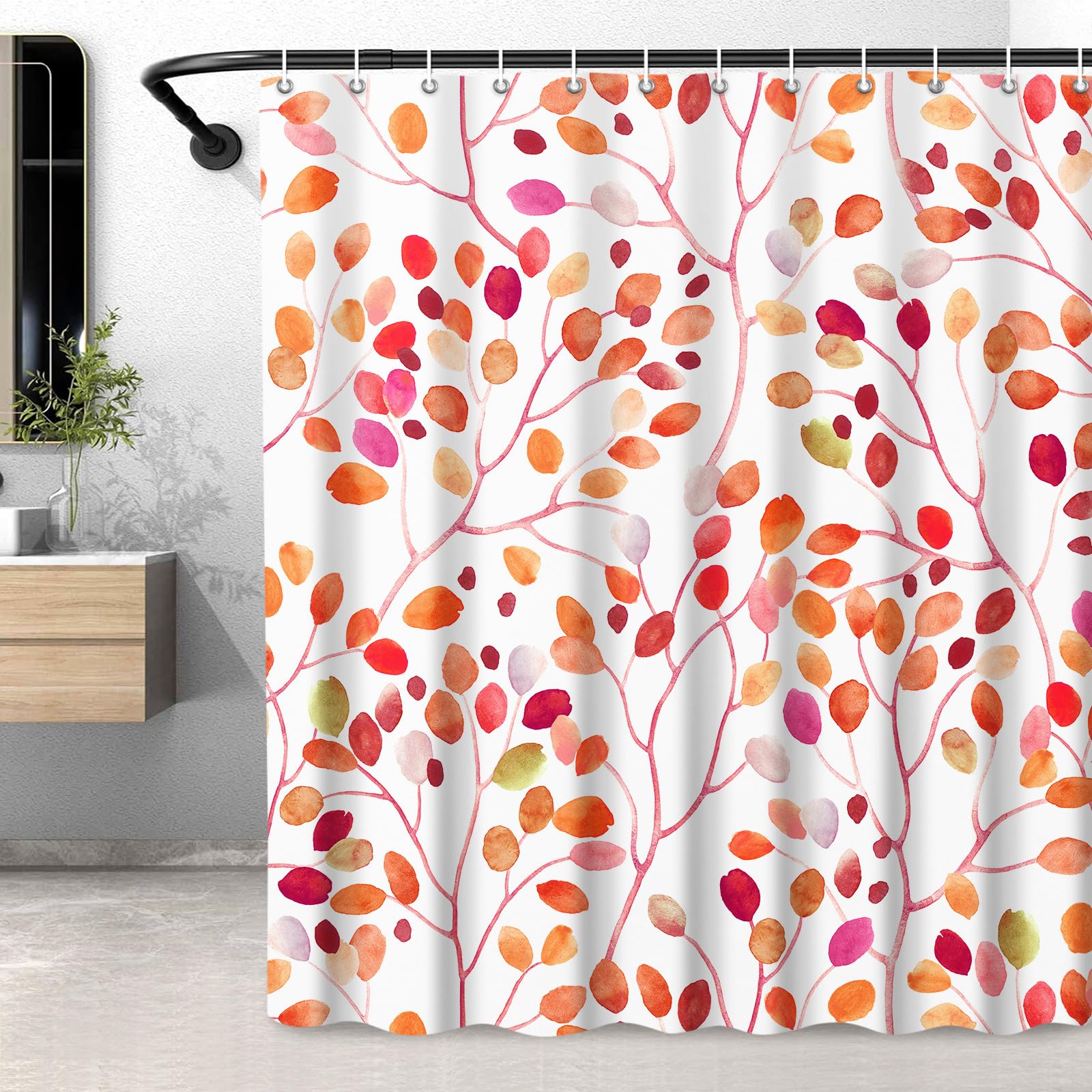 Lxbni Long Fall Shower Curtain, Autumn Leaf Shower Curtains For Bathroom, Boho Watercolor Floral Home Bathtub Decor, Waterproof