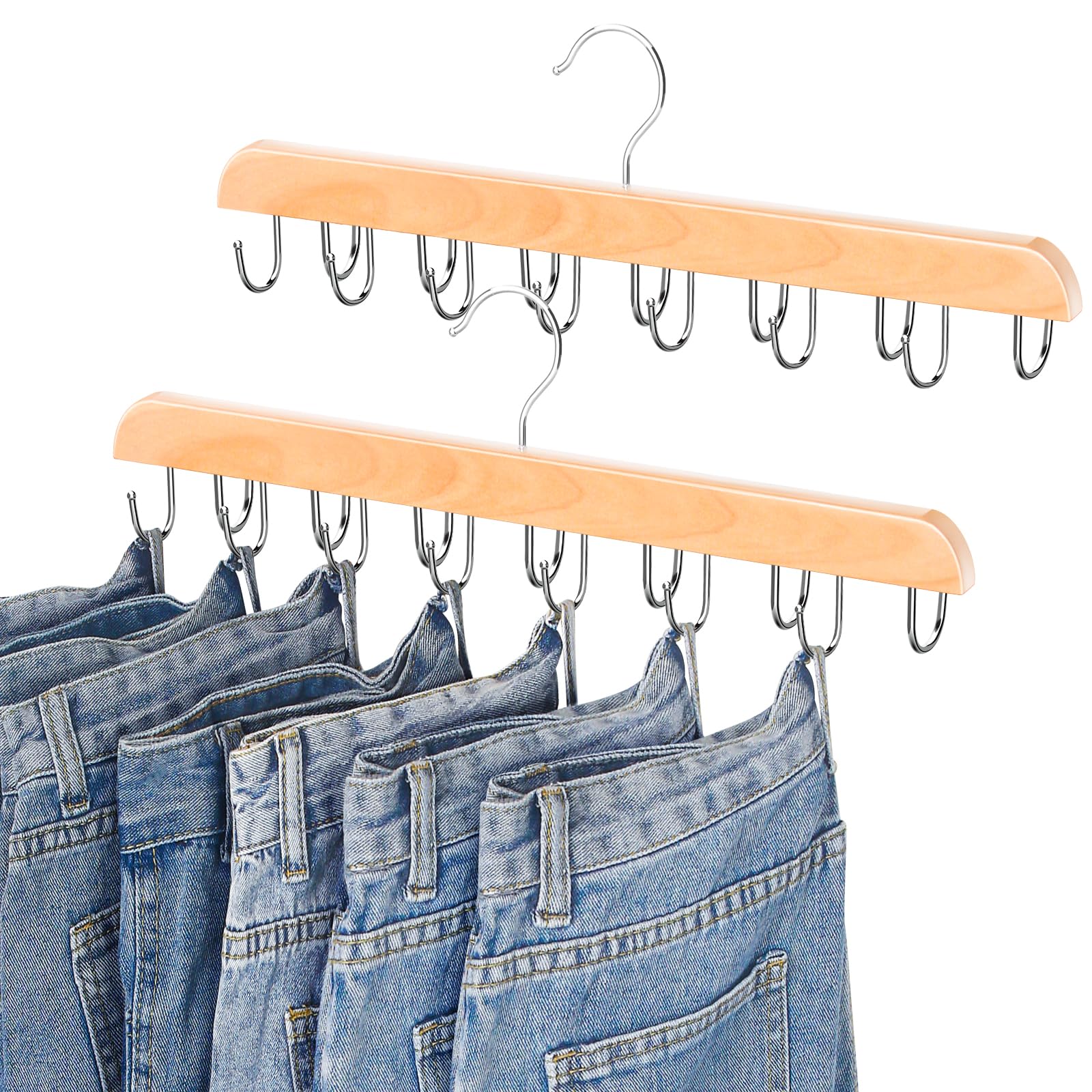 Jean Hangers For Closet, 14 Wood Jeans Hooks Space Saving, 180 Rotating Jean Hangers Holder For Jeans/Skirts/Shorts/Belts/Ties,