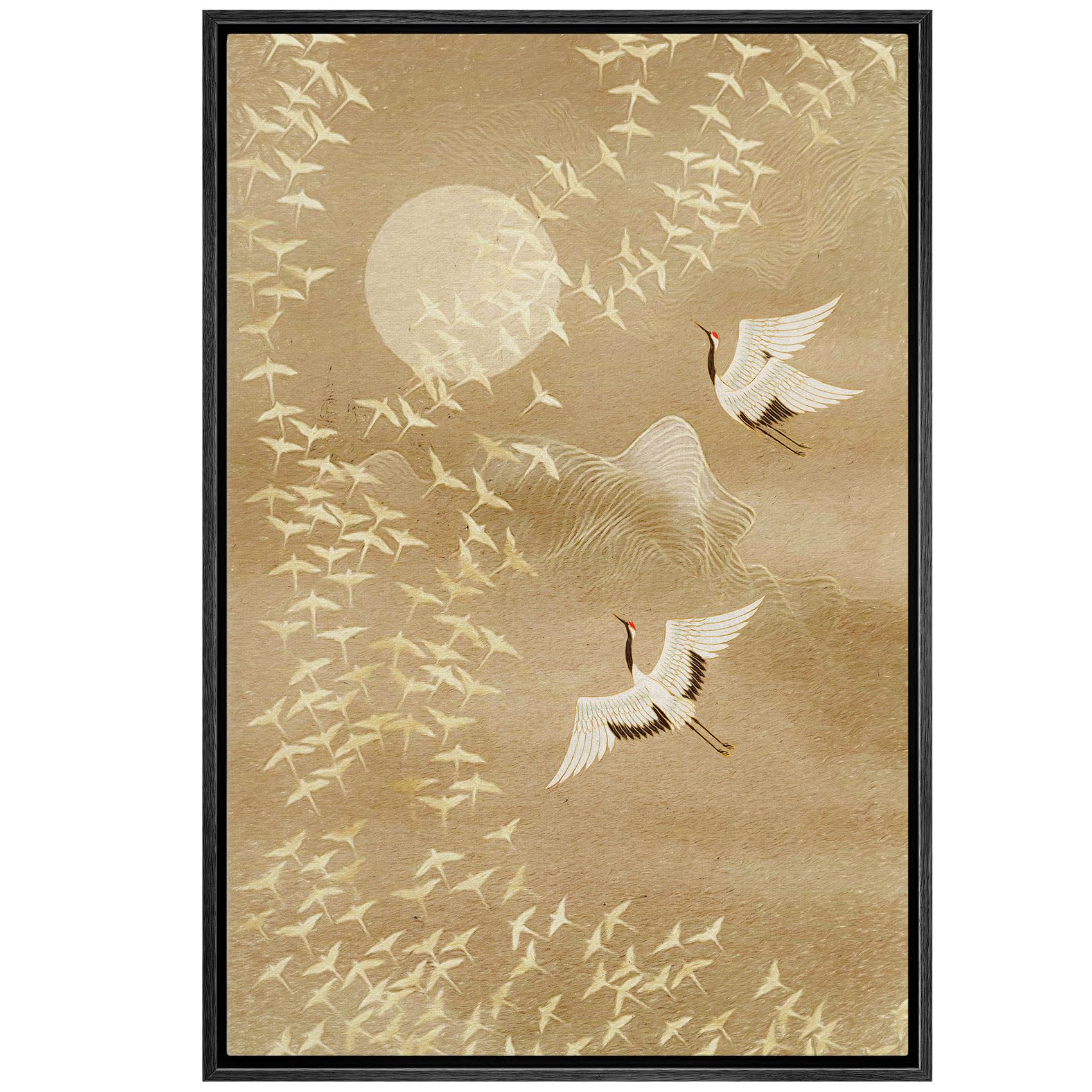 NWT Framed Canvas Print Wall Art Watercolor Crane Birds Flying Nature Wilderness Illustrations Modern Art Decorative Landscape Rustic Zen Colorful for Living Room  Bedroom  Office - 24''x36'' Black