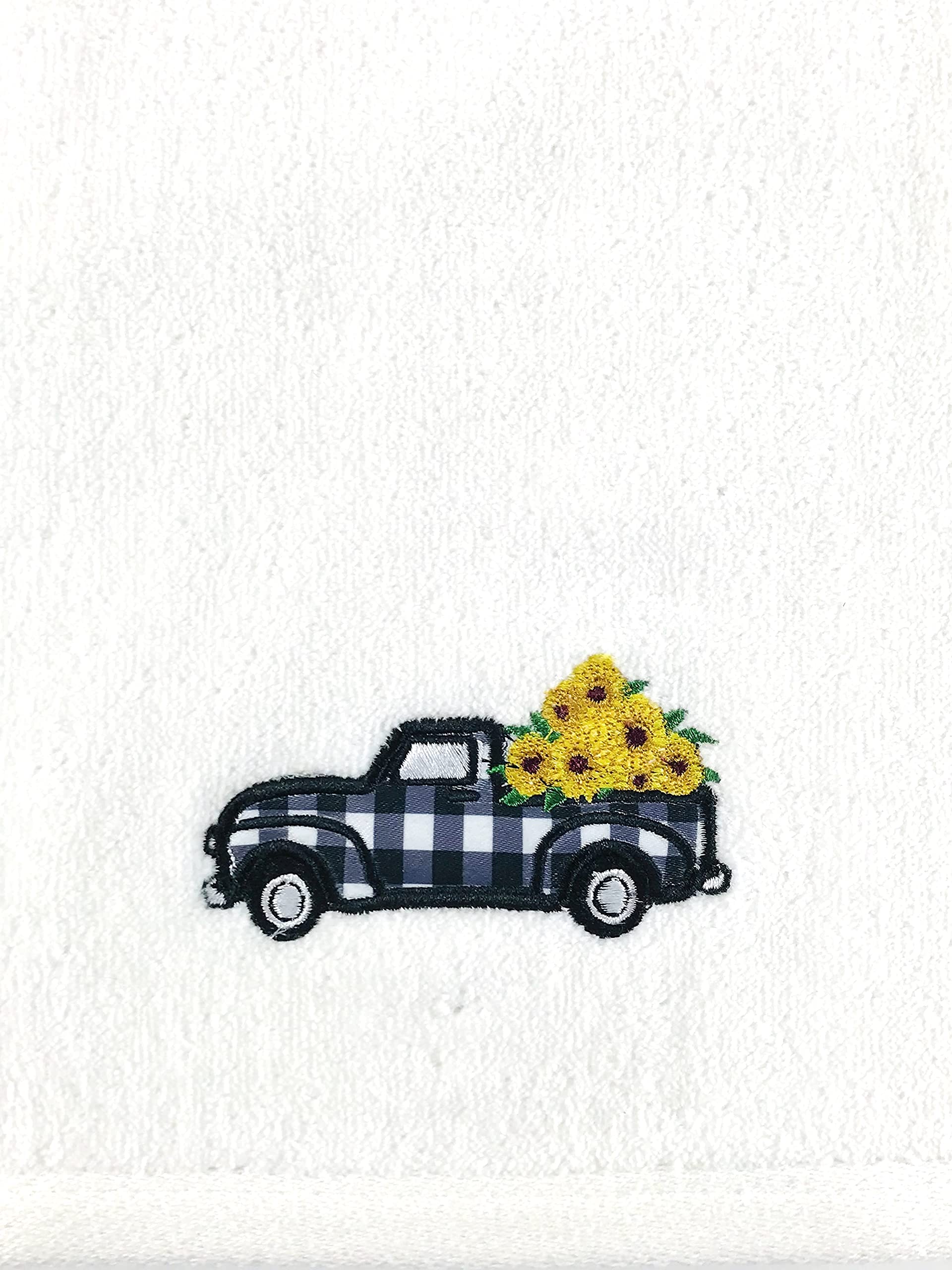 Decorative Fall Hand Towels: Farmhouse Black White Check Truck With Sunflowers Load Embroidered Design, Plush Velour Cotton, Set