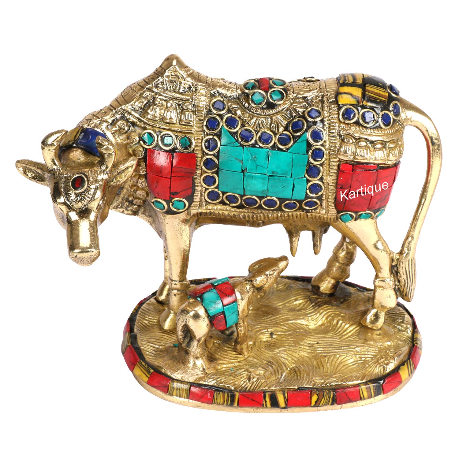 Kartique Brass Murti Kamdhenu Holy Cow and Calf Gau MATA Kamadhenu Surabhi for Home Decor Vastu Feng Shui Good Luck Statue Multi